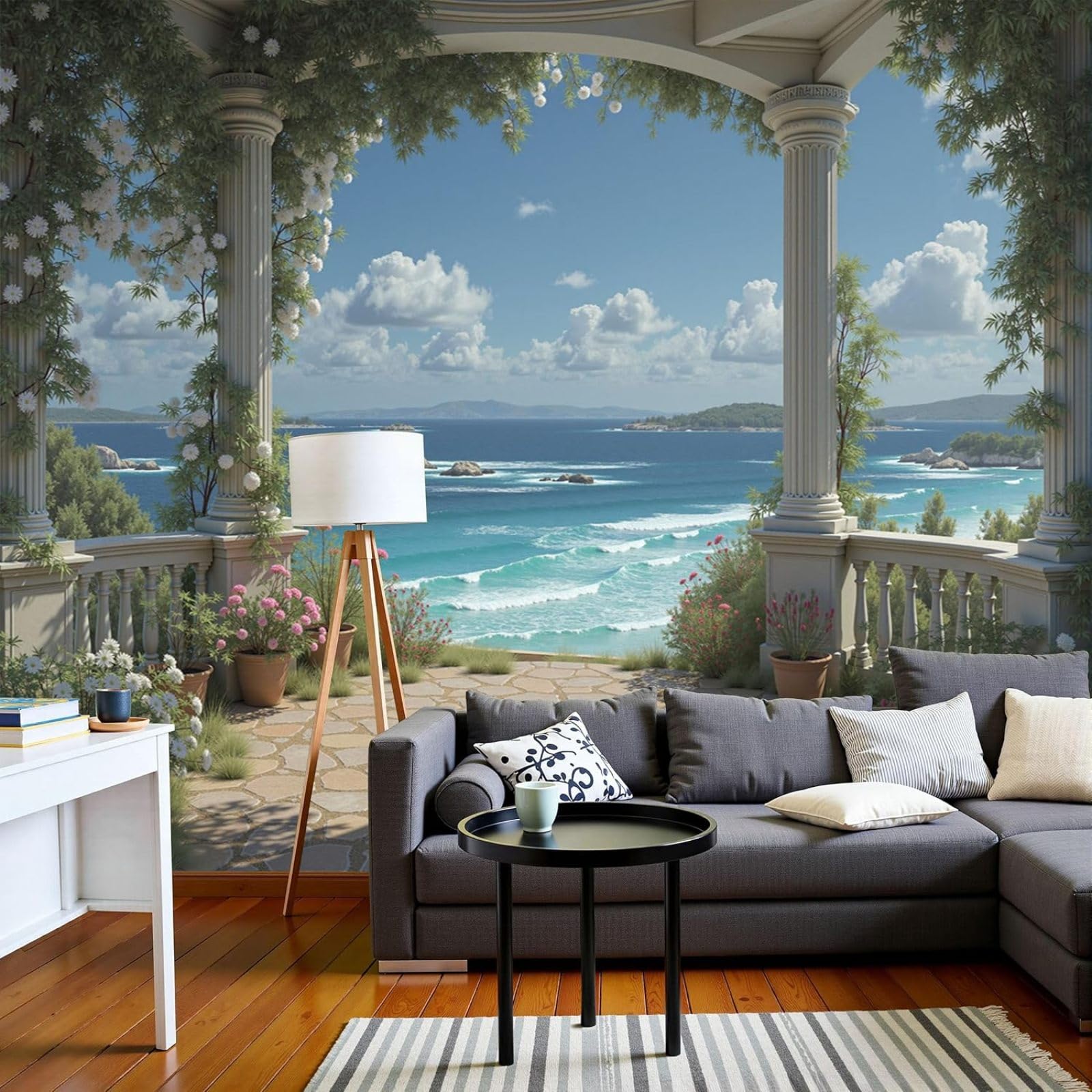 Photo wallpaper archway corridor romantic Roman columns non-woven modern wall living room bedroom white XL wall decoration motif wallpaper, 300cm x 210cm stickers - frameless painting - poster