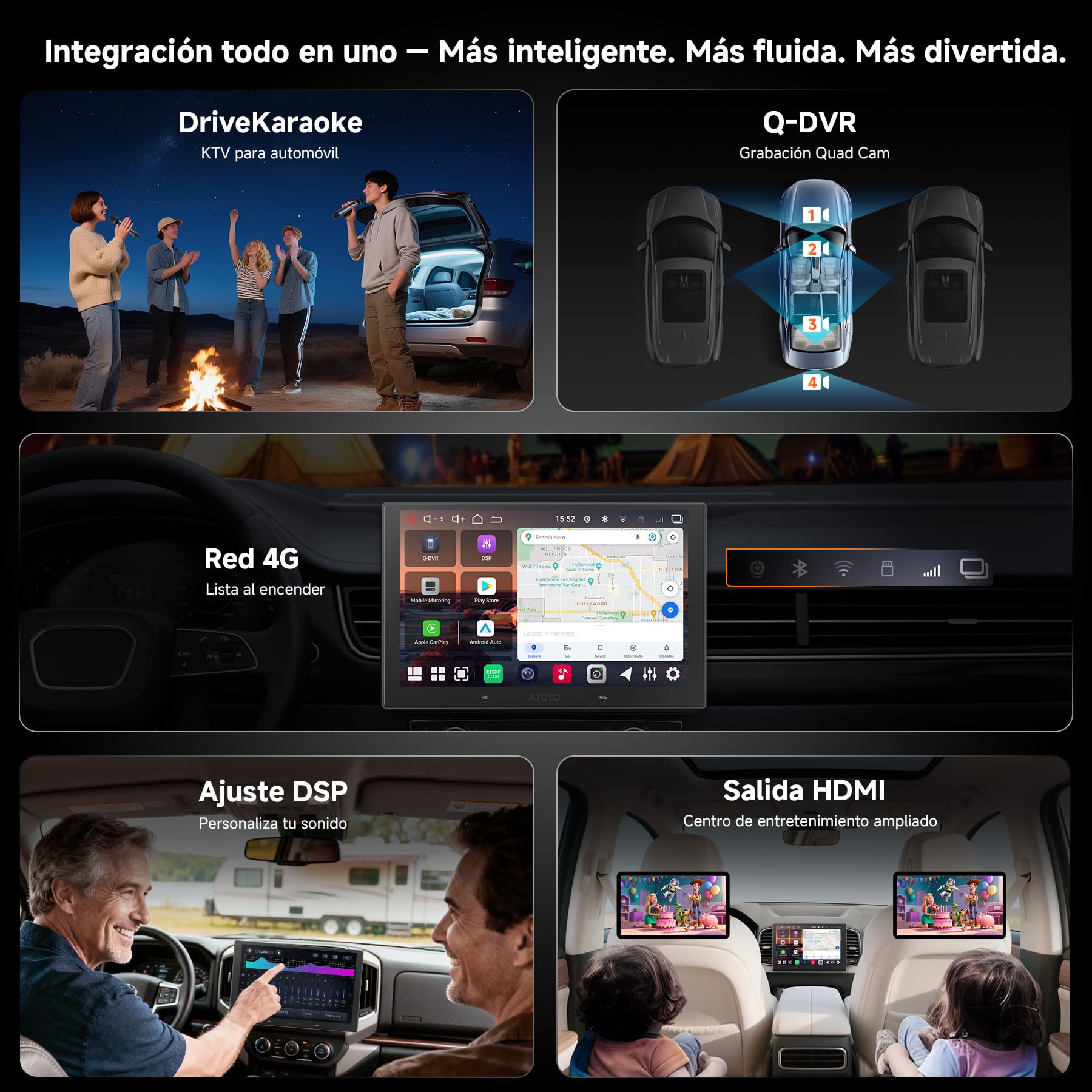 V10 10.1" QLED Android Radio Coche 2DIN, 6GB+128GB, 4G LTE, Karaoke en el Coche, aptX HD Bluetooth 5.4，DSP/7.1.2 Canales, DVR 4 Canales, CarPlay y Android Auto inalámbricos, Asistente IA
