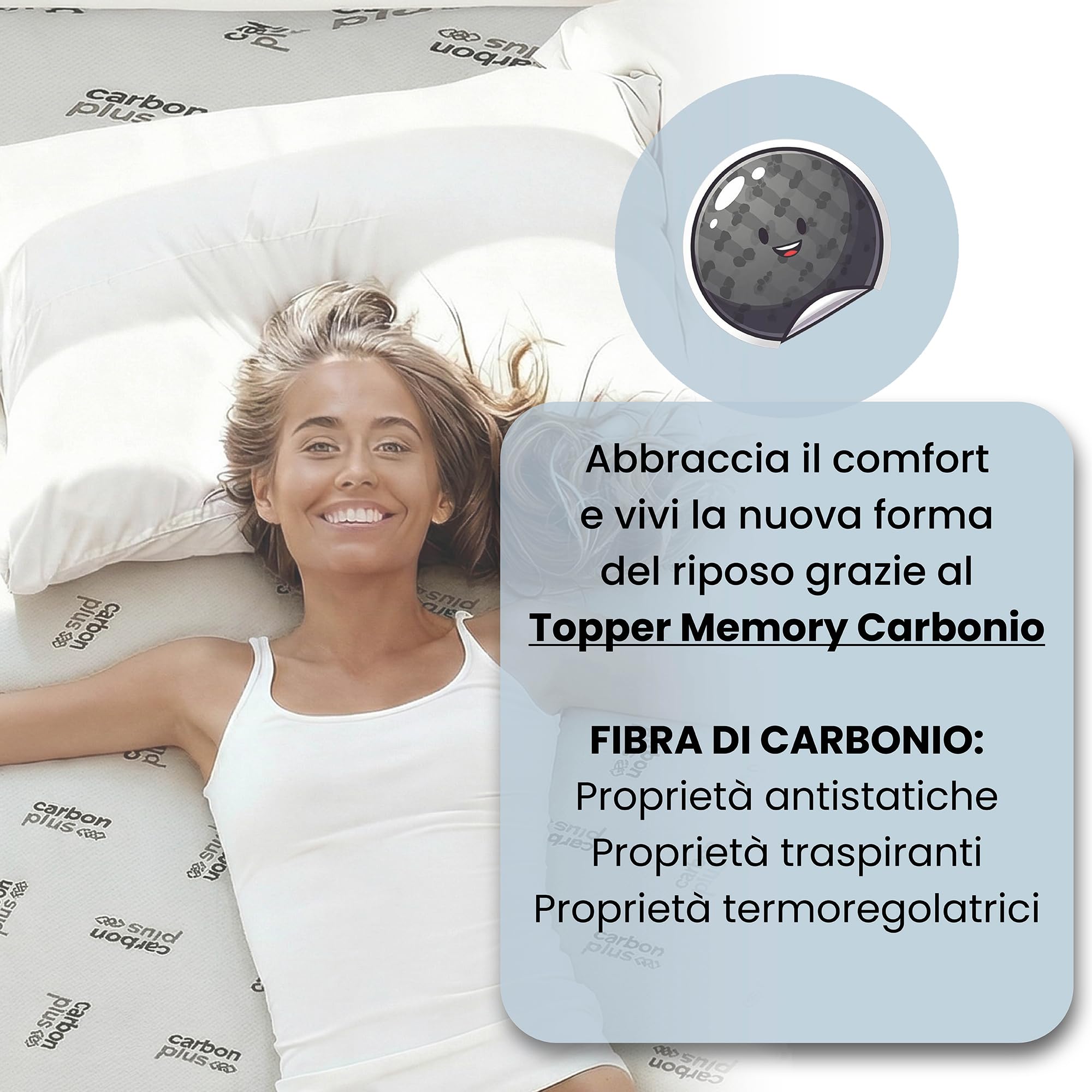 Topper Memory Foam 160x190 Matrimoniale, Made in Italy, Carbonio - Materasso per Massimo Confort - Letto Morbido per un Sonno Profondo (Matrimoniale - Carbonio)