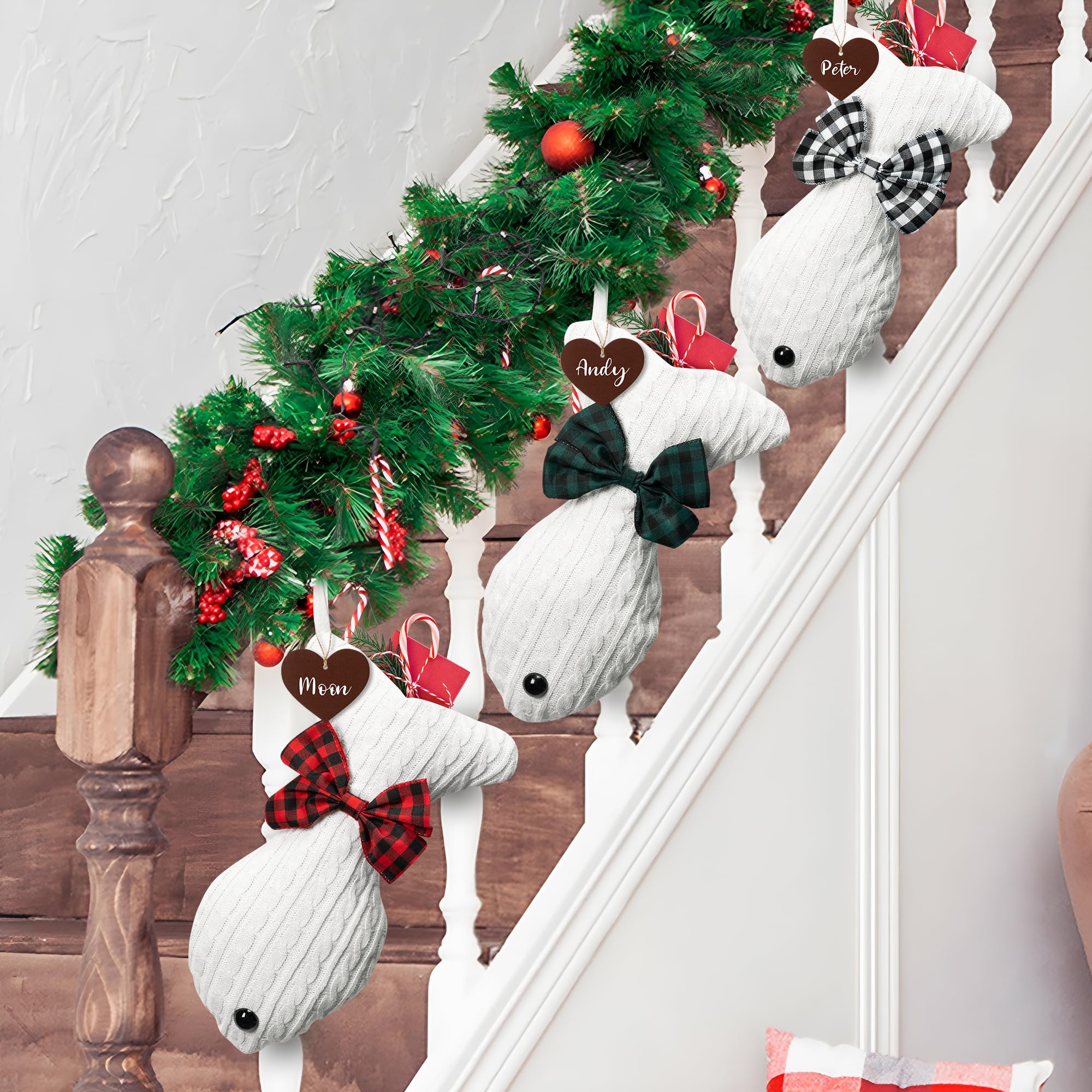 WATINC Lot de 3 grandes chaussettes de Noël personnalisées en forme d'os avec étiquette en bois pour animal de compagnie, chat à suspendre pour réveillon de Noël, cheminée, arbre de Noël, décoration