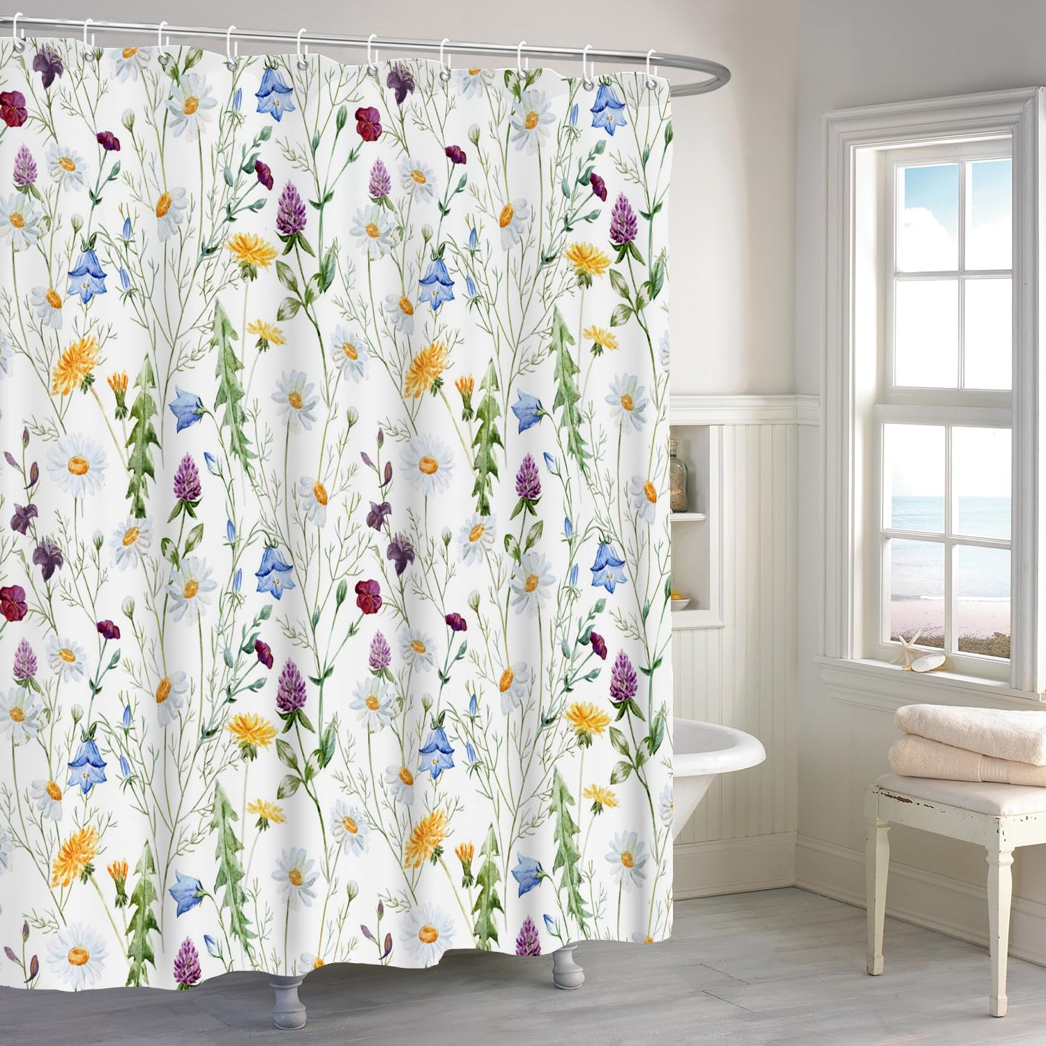 ASDCXZ Flower Shower Curtain 180x180 cm, Spring Blue Yellow Purple White Colorful Flowers Green Leaves Washable Shower Curtains Polyester Textile Waterproof Bath Curtain for Bathtub with 12 Hooks - Image 3