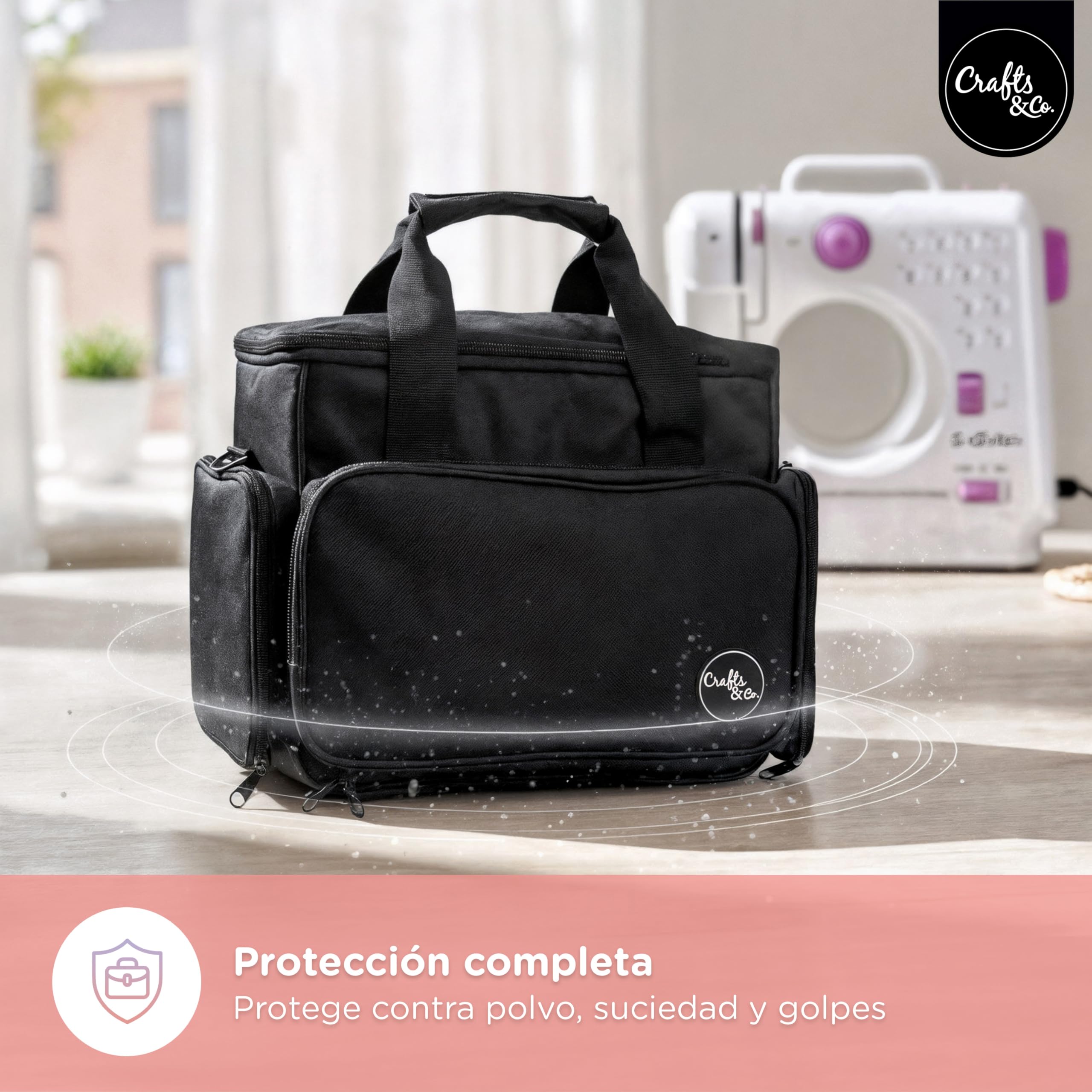 Crafts&Co® | Bolsa de máquina de coser con asas sólidas | Bolsa de transporte para máquina de coser | Con prácticos compartimentos de almacenamiento | Negro, negro, DIY