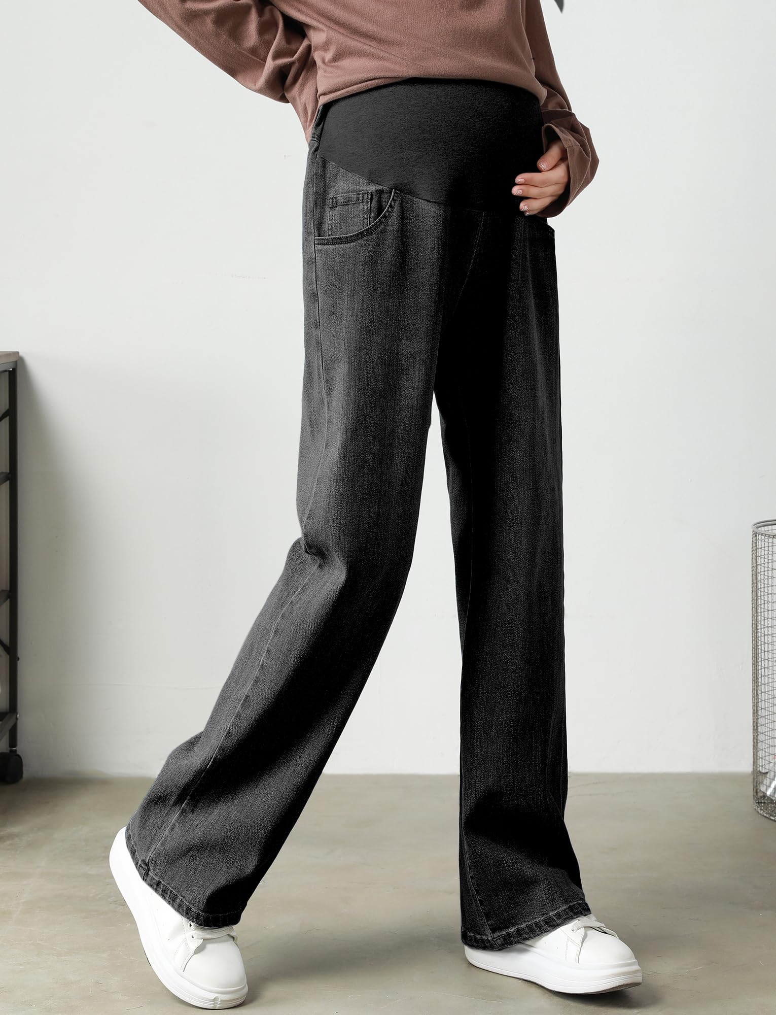 FEOYA Damen Umstandsjeans Hohe Taille Umstandshosen Weites Bein Jeans Hose über dem Bauch Schwangerschaftshose Stretch Freizeitjeans Umstandskleidung mit Tasch