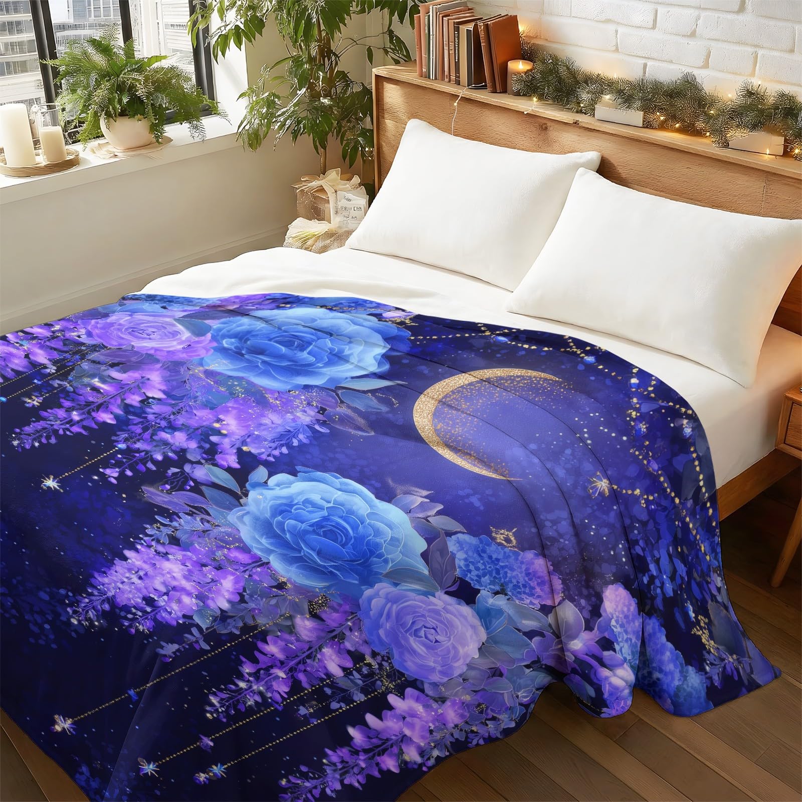 Przytulny koc 180 x 200 cm – przytulny koc do mieszkania, fantazyjny, romantyczny koc polarowy, miękki i ciepły, gwiaździste niebo, kwiaty, koc do mieszkania, flanelowy, puszysty koc