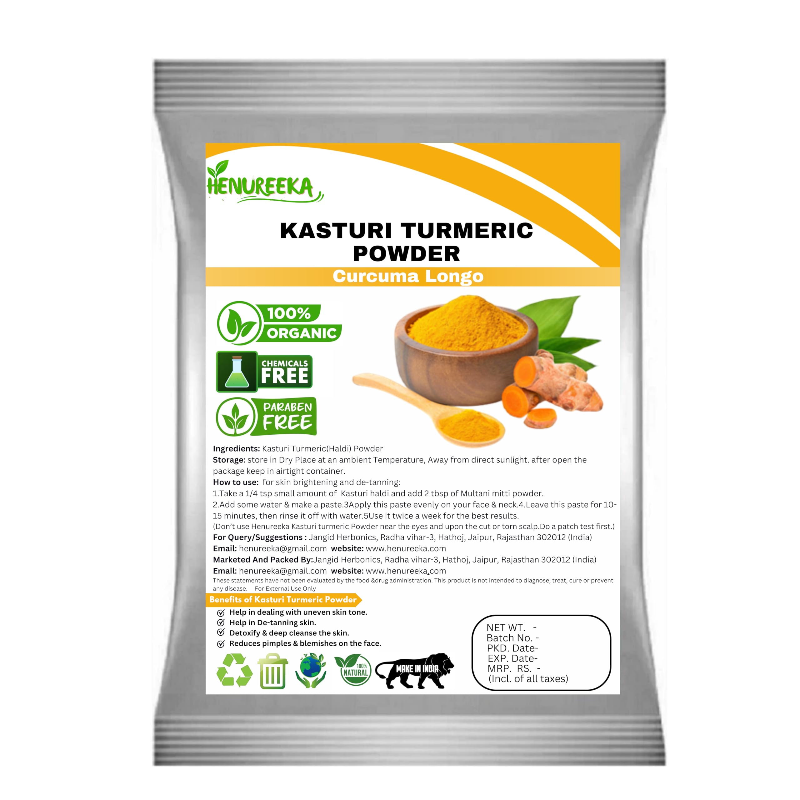 [BRSREYYQCMIBGEI7] Kasturi Turmeric Powder (Curcuma Longo) 100% Organic, Chemical-Free, and Paraben-Free Skin Brightening & De-Tanning Natural Beauty Care (100g)