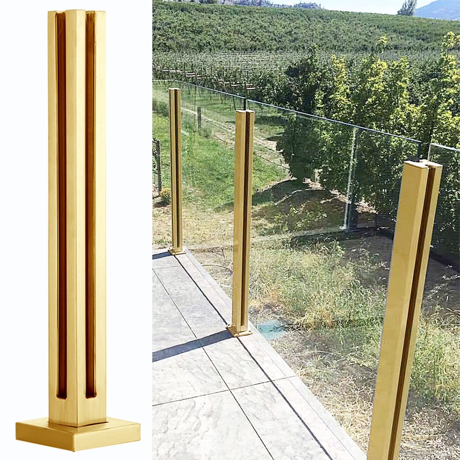 Wytrzymała kwadratowa poręcz ze złotego szkła na balkony, taras i schody zewnętrzne, kompatybilna ze szkłem 10-12 mm, wysokość 95 cm (37,4 cala), słupek ogrodzeniowy
