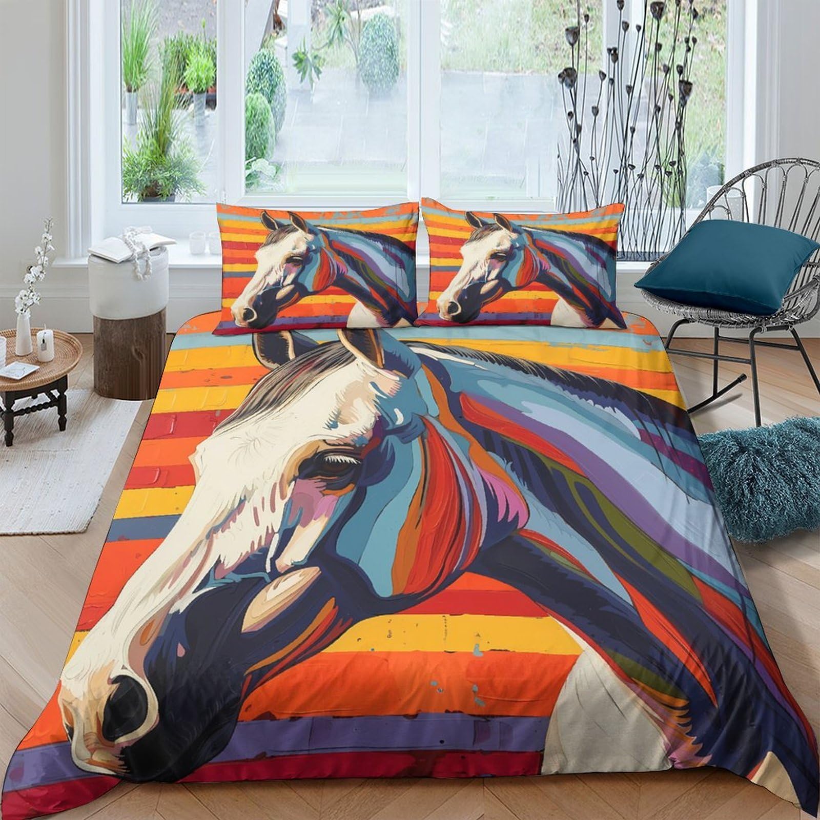 Ctjqhvkz Style-4 3D Printed Colorful Horse Fitted Sheet Microfiber Soft Abstract Wild Animal Mattress Cover For Bedroom Guest Room Single（135X200cm）