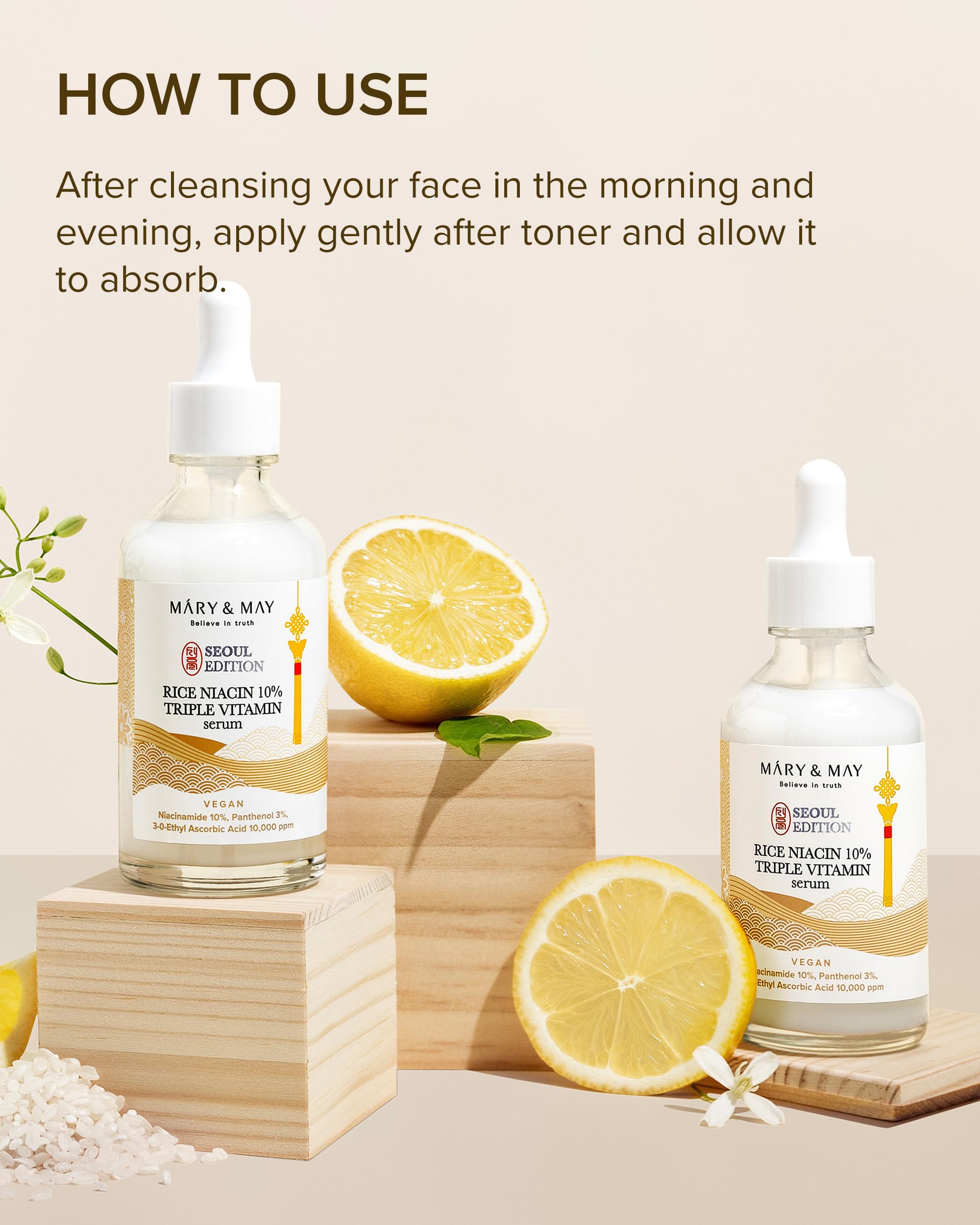 Mary&May SEOUL Edition Sérum triple vitamine à la niacine de riz 10% – Sérum éclat coréen pour un teint uniforme et un éclat sain – Niacinamide et vitamines – Sans parfum, sans cruauté envers les