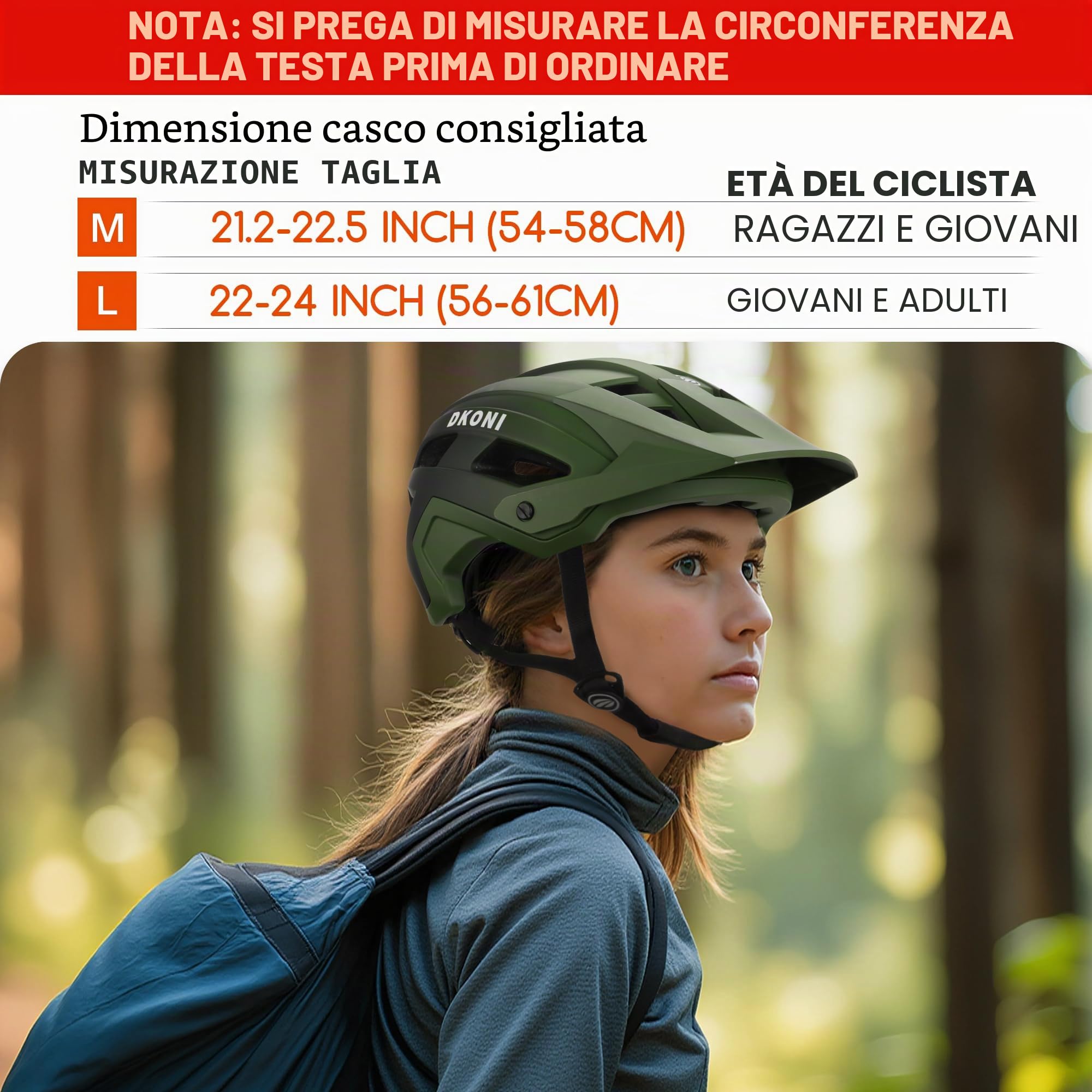 DKONI Casco da mountain bike leggero e traspirante, con visiera, calotta in policarbonato e cinturino regolabile, unisex per adulti