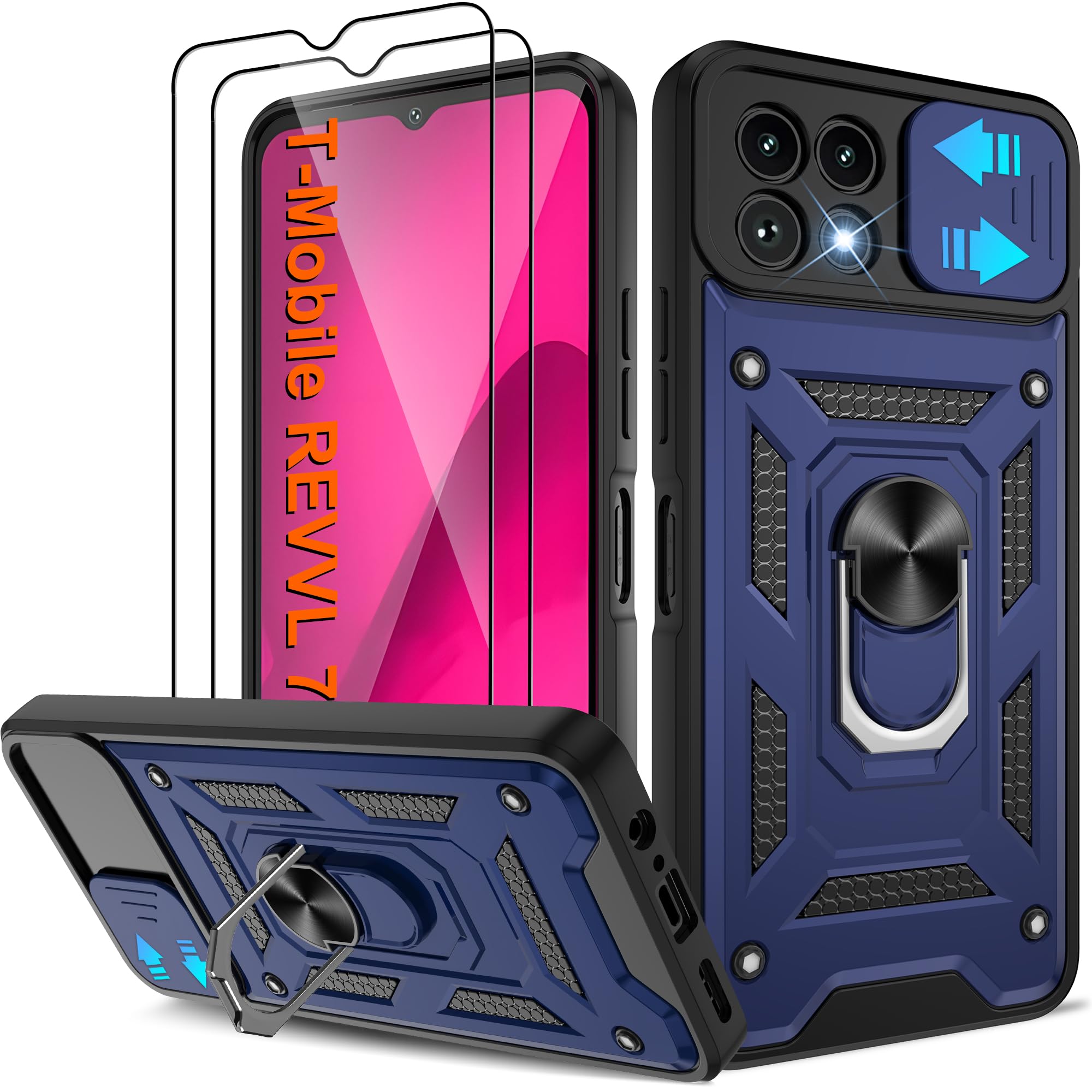 ATUMP for T-Mobile REVVL 7 5G Case with (2 Pcs) HD Screen Protector, Heavy Duty Shockproof with 360° Rotation Metal Kickstand [Military Grade]