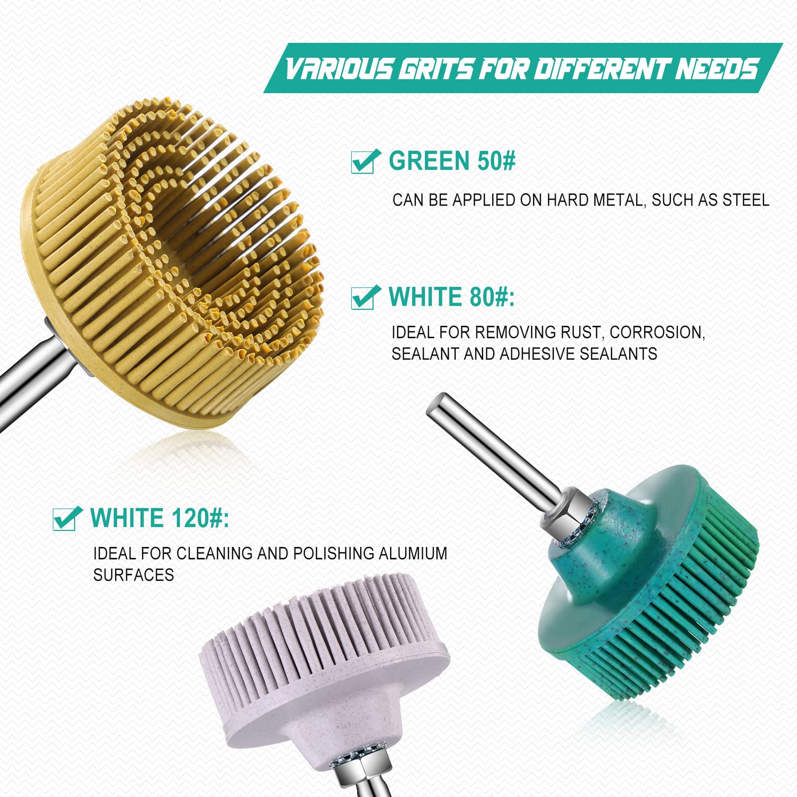12 piezas de grano de disco de cerdas de 2 pulgadas, disco de cerdas abrasivas 120# 80# 50# con accesorio de vástago de 1/4 pulgadas, disco de eliminación de revestimiento de junta blanco, verde y