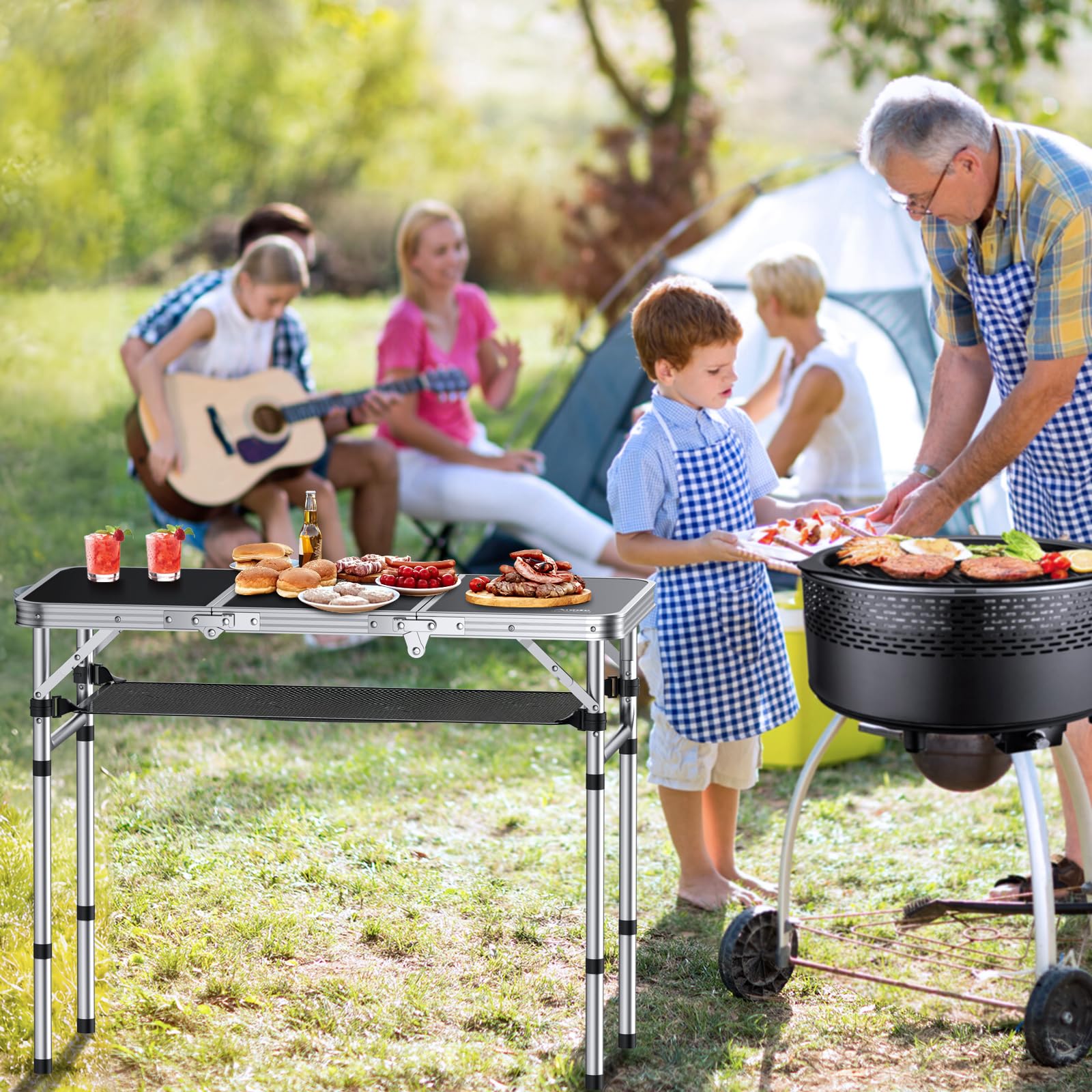 Anbte Tavolo Pieghevole da Giardino Campeggio 88 * 40 * 69cm,Tavolino da Balcone 3 Regolabili in Altezza in Alluminio con Rete da Interno/Picnic/Barbecue/Spiaggia/Truccarsi-Nero