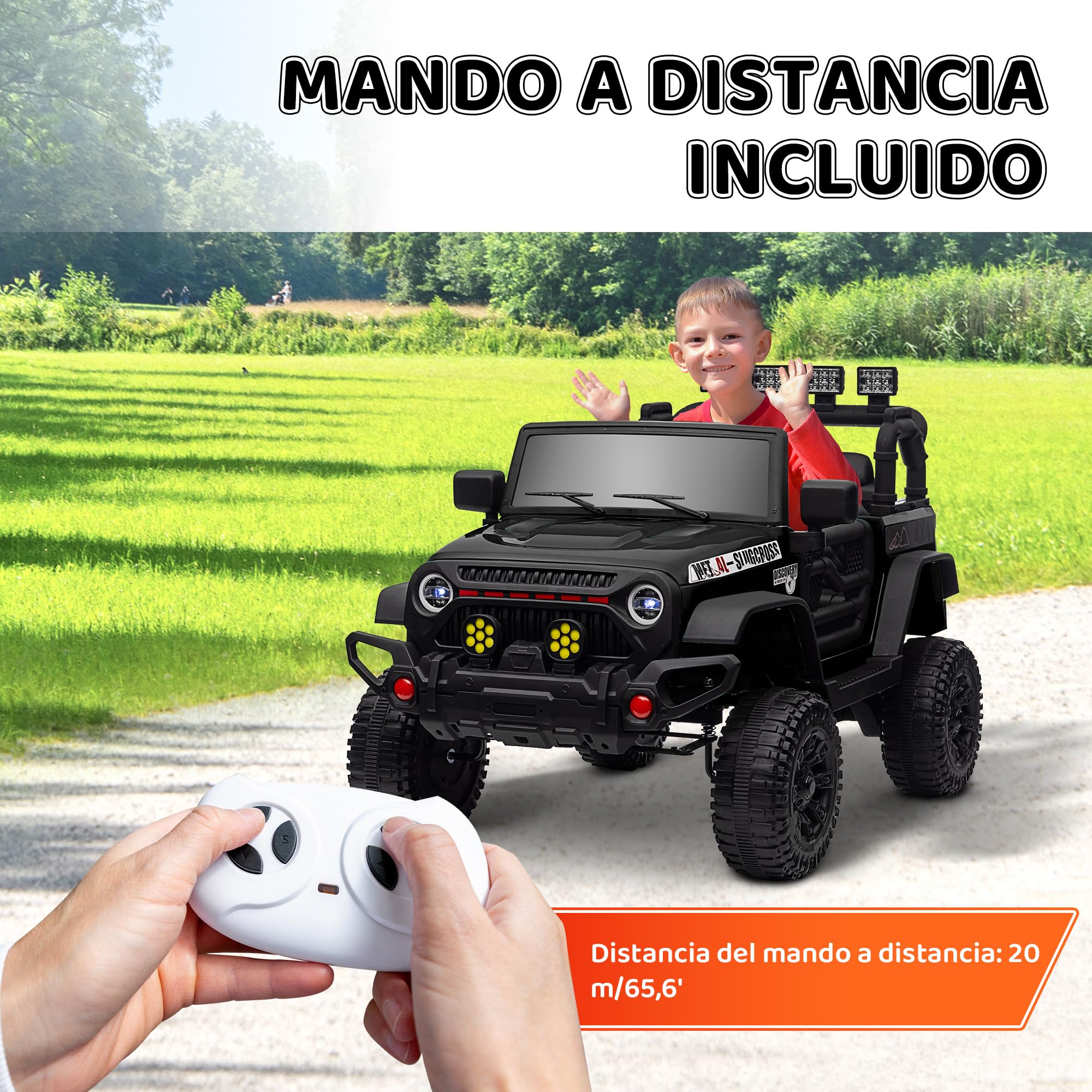 AIYAPLAY Coche Eléctrico para Niños de +3 Años Carro Eléctrico Infantil Todoterreno de Batería 12V con Mando a Distancia Ruedas Amortiguadas Faros LED Bocina Música Negro