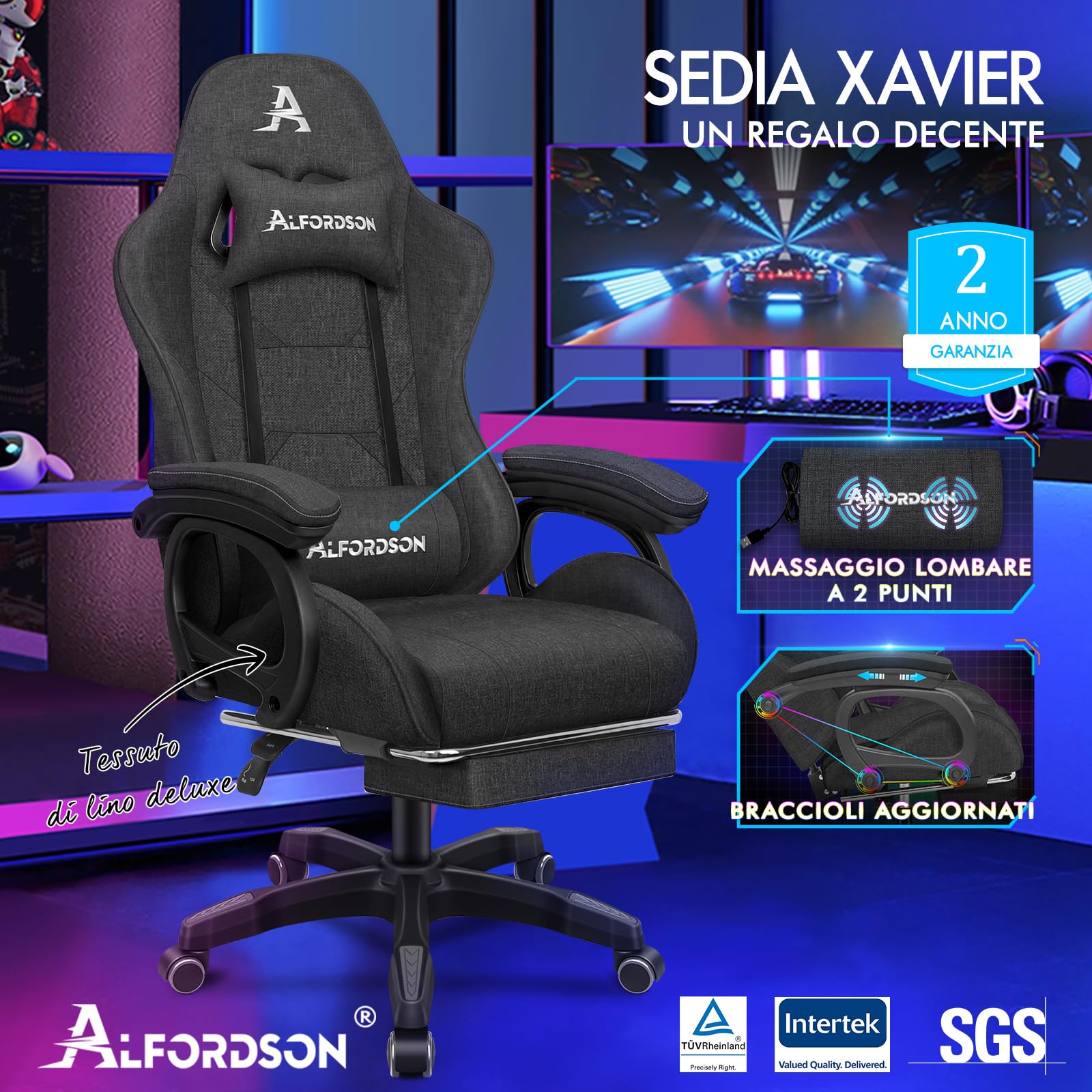 ALFORDSON Sedia da Gaming Massaggiante, Sedia Gamer con Cuscino Lombare e Poggiatesta, Poggiapiedi Telescopico, Ergonomico Sedie da Ufficio Schienale Regolabile 90-150°, Tessuto(Grigia scura)