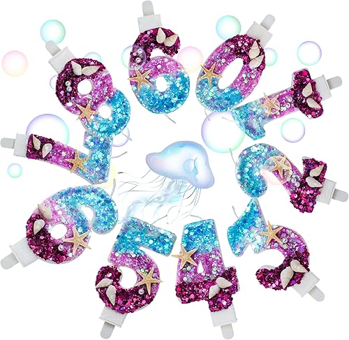 Miniatura 7 de Vela número 3, vela de cumpleaños azul y morado para usar como parte de una fiesta bajo el mar o sirena