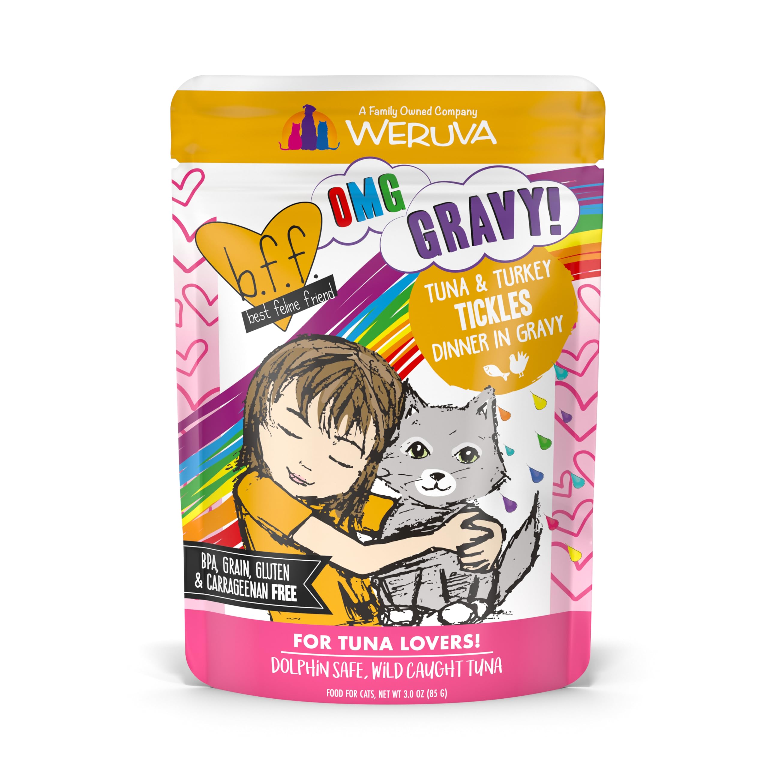 Weruva B.F.F. OMG - Best Feline Friend Oh My Gravy!, Tuna & Turkey Tickles with Tuna & Turkey in Gravy Cat Food, 3oz Pouch (Pack of 12)
