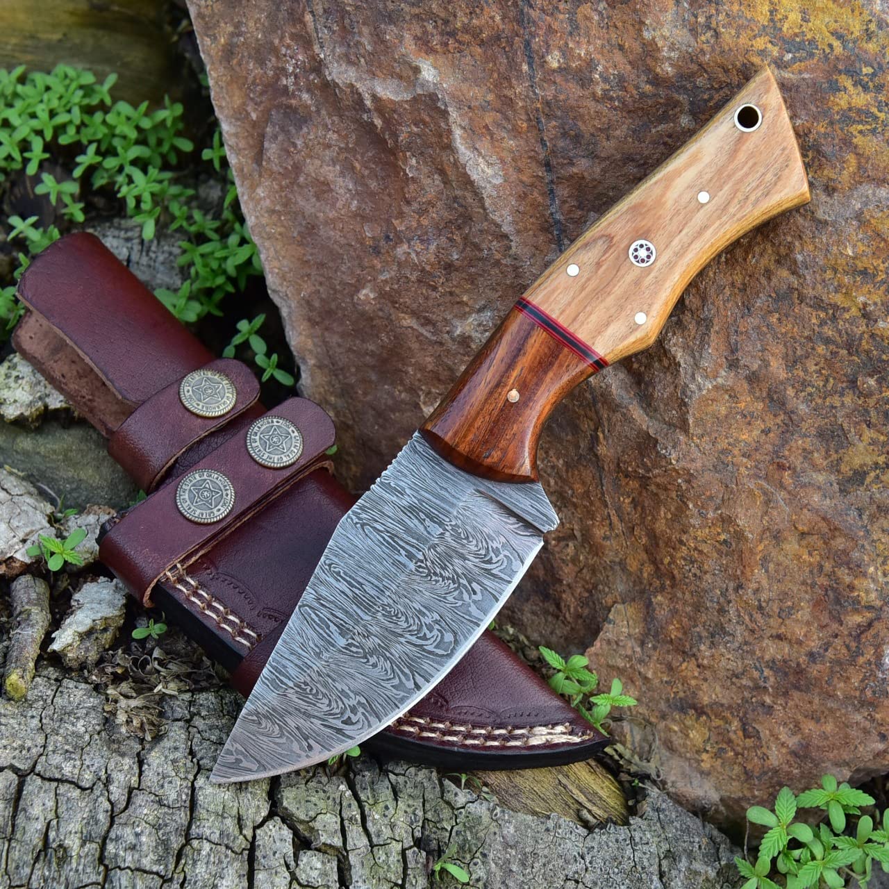 Grace KnivesHandmade Hunting and Camping Bushcraft Knife Damascus Steel 8.5 Inches EDC Fixed Blade Knife with Leather Sheath G-002 (Wood)