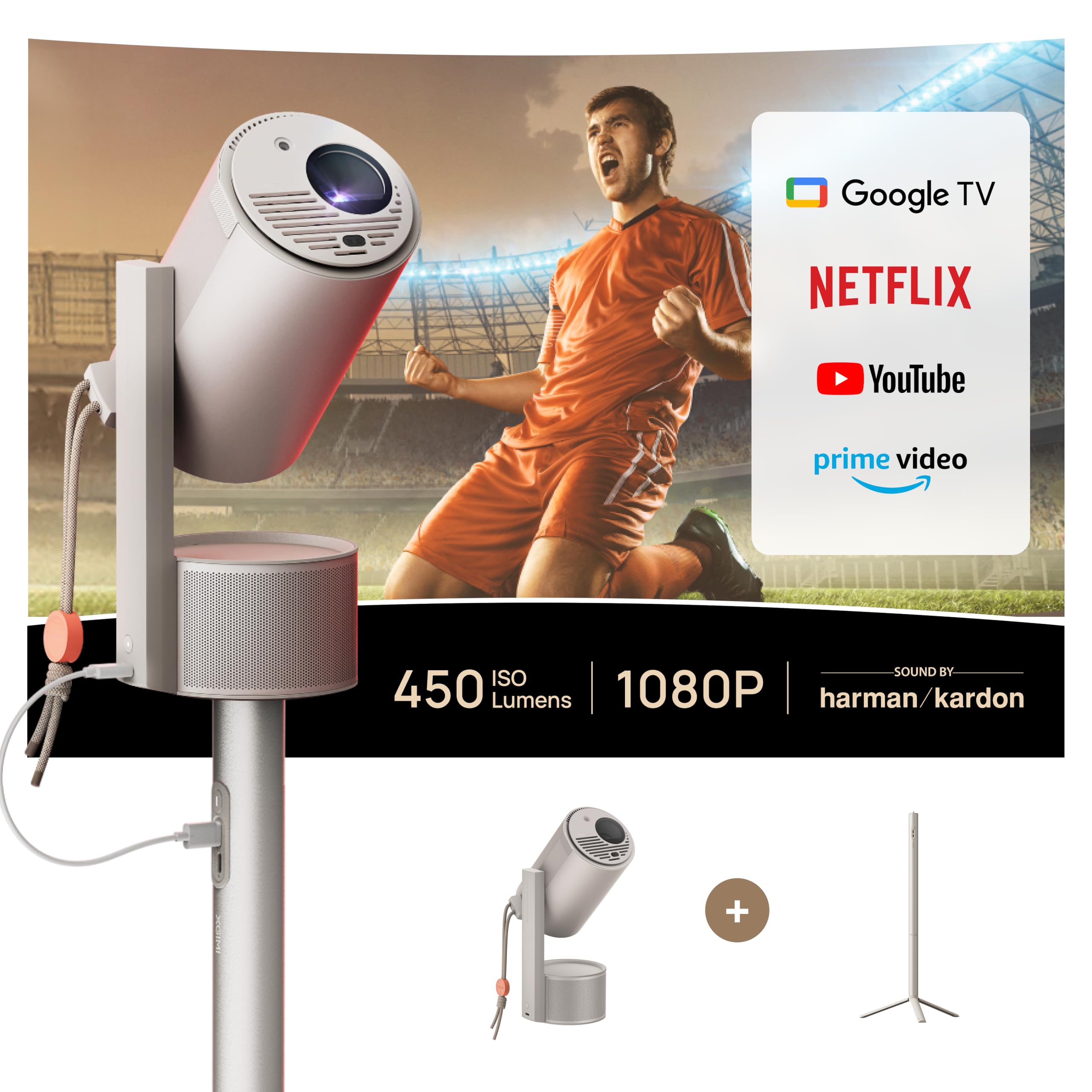 XGIMI MoGo 3 Pro 1080P videoproiettore con supporto Powerbase, Google TV con licenza Netflix, Supporto regolabile integrato, Proiettore portatile compatibile con power bank, 450 Lumen ISO, ISA 2.0