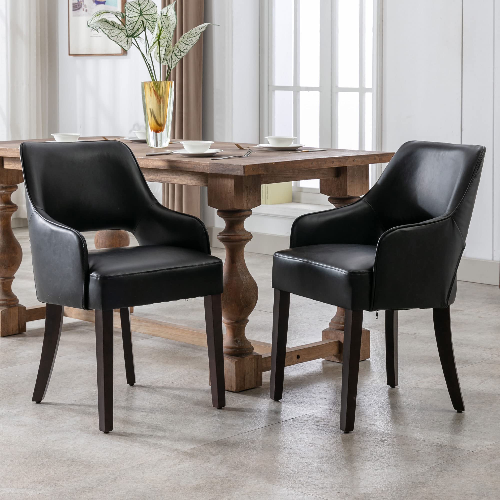 PU Leather Dining Chairs Set of Upholstered Armchair Side Chairs Wood  Accent Chair for Living Room/Dining Room/Bedroom/Restaurant, Black