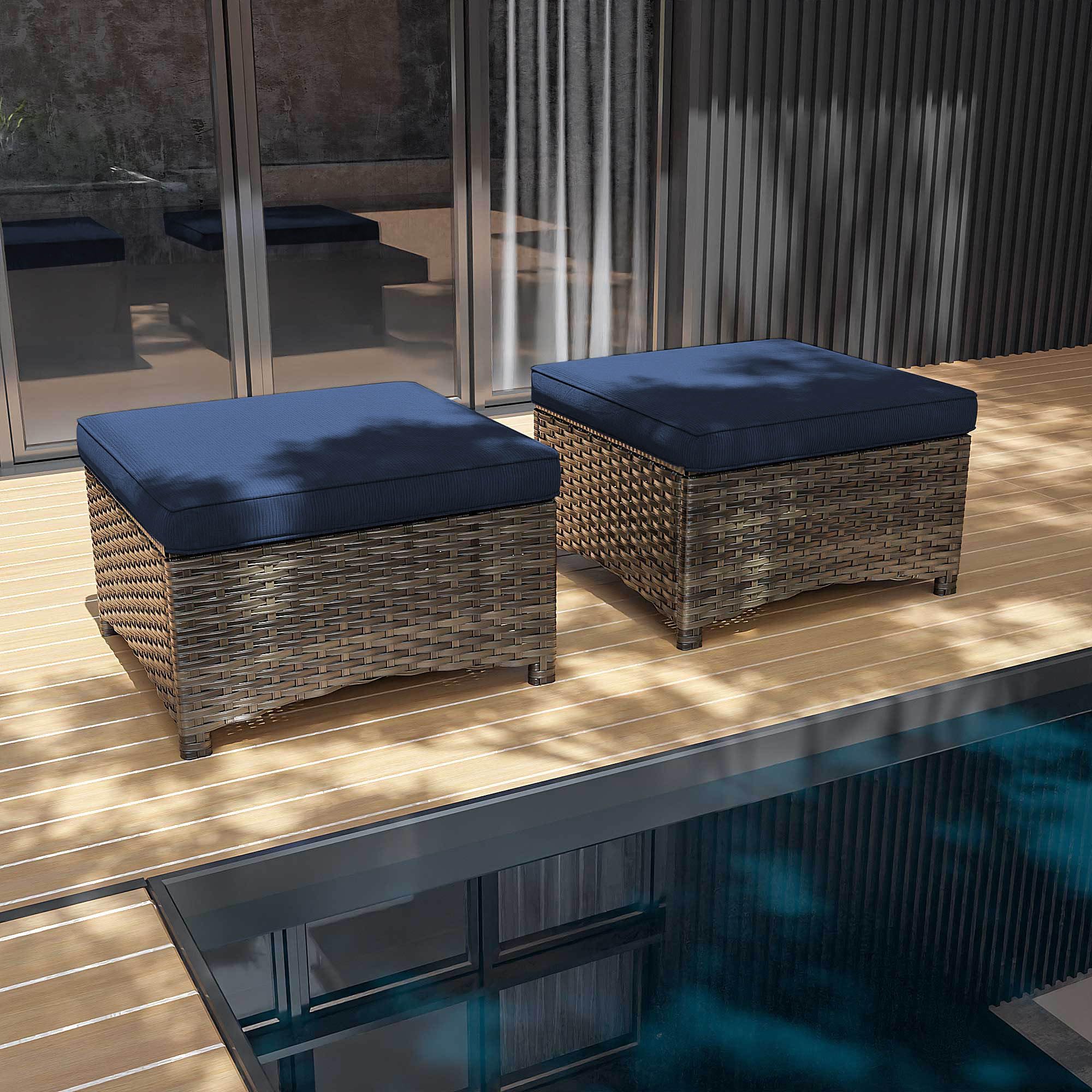 Yokayoay Patio Ottomans Set of 2, Outdoor 22" x 22" PE Wicker Ottoman with Waterproof Cushions, All Weather Rattan Foot Stool Furniture for Deck,