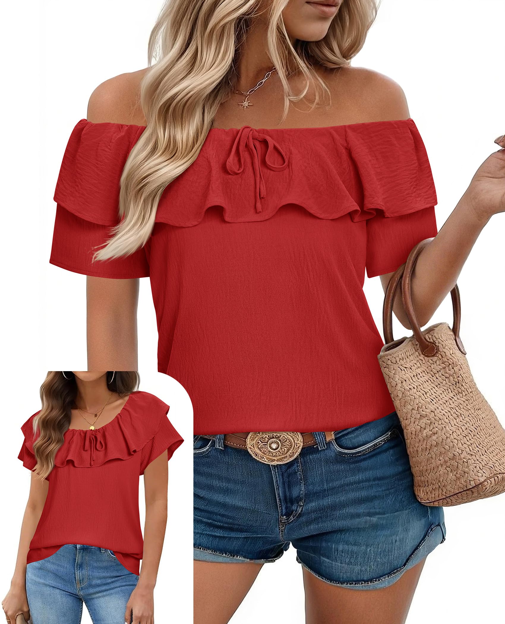 Off The Shoulder Tops for Women Boat Neck Blouses Casual Ruffle Short Sleeve Shirts Chiffon Summer Vacation Outfits