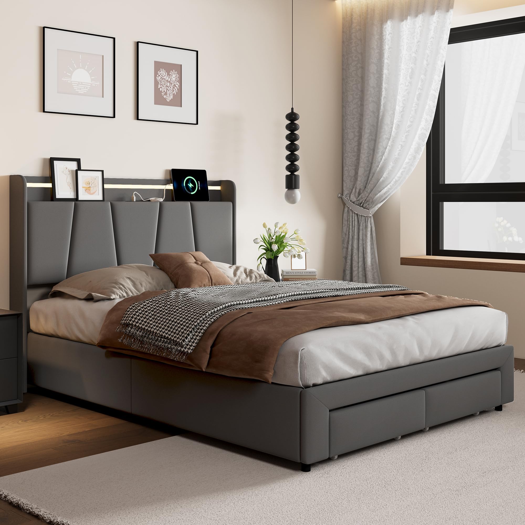 Cama 160x200 con Almacenaje Hidráulica y 2 Cajones, Cama Tapizada de Matrimonio con LED y USB, 160x200 Camas Canape con Cabecero y Somier, Lino