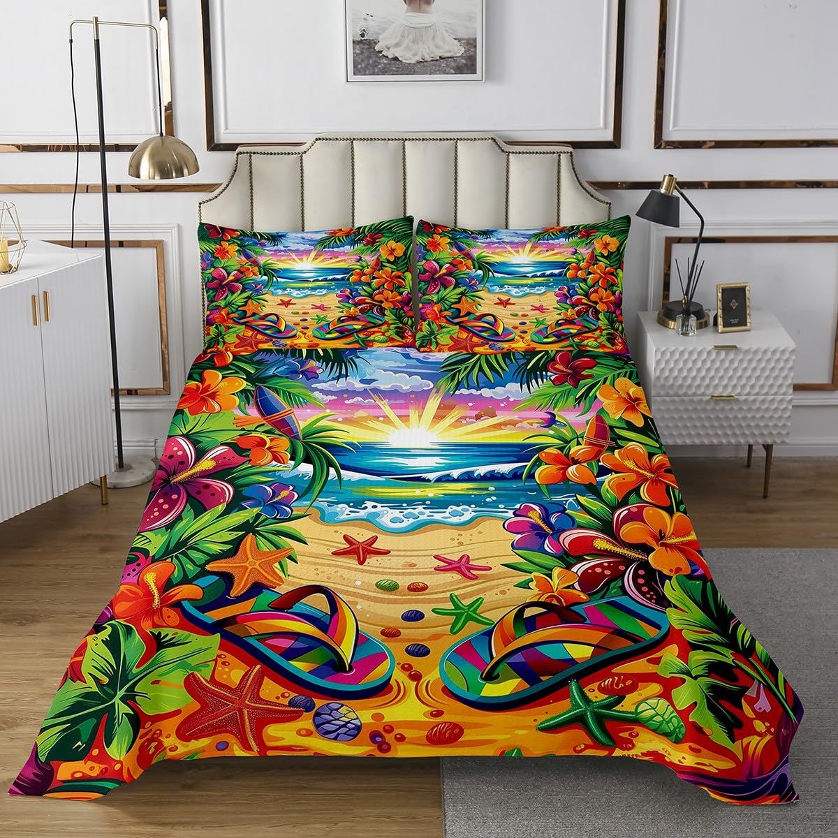 Manfei Summer Beach Bedspread Twin Size, Tropical Flower Palm Leaf Coverlet Set 2pcs, Ocean Beach Theme Quilted Coverlet with 1 Pillowcase, Kids Boys Girls Room Decor, Soft Bedding Quilt
