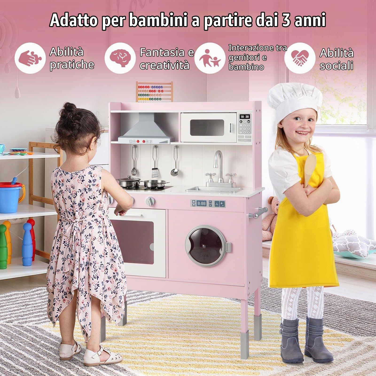 FANTASK Cucina per bambini con accessori da gioco, cucina in legno con cappa aspirante e lavatrice e suoni e luci reali, set da gioco per bambini dai 3 anni in su, rosa (71 x 29 x 101 cm)