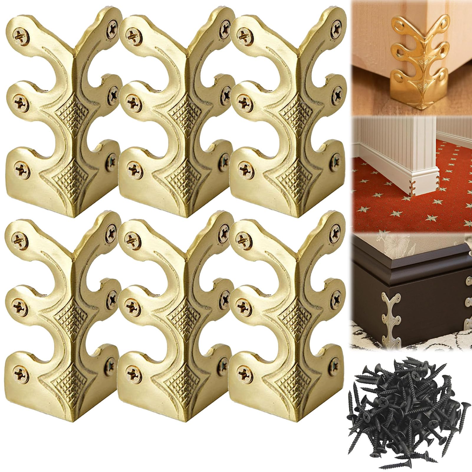 Skiffers Baseboard Corner Protectors, Solid Brass Skirting Board Corner Protectors, Brass Skiffers Corner Protectors, Gold Skiffers, Baseboard Skiffers Silver (6pcs,Gold)