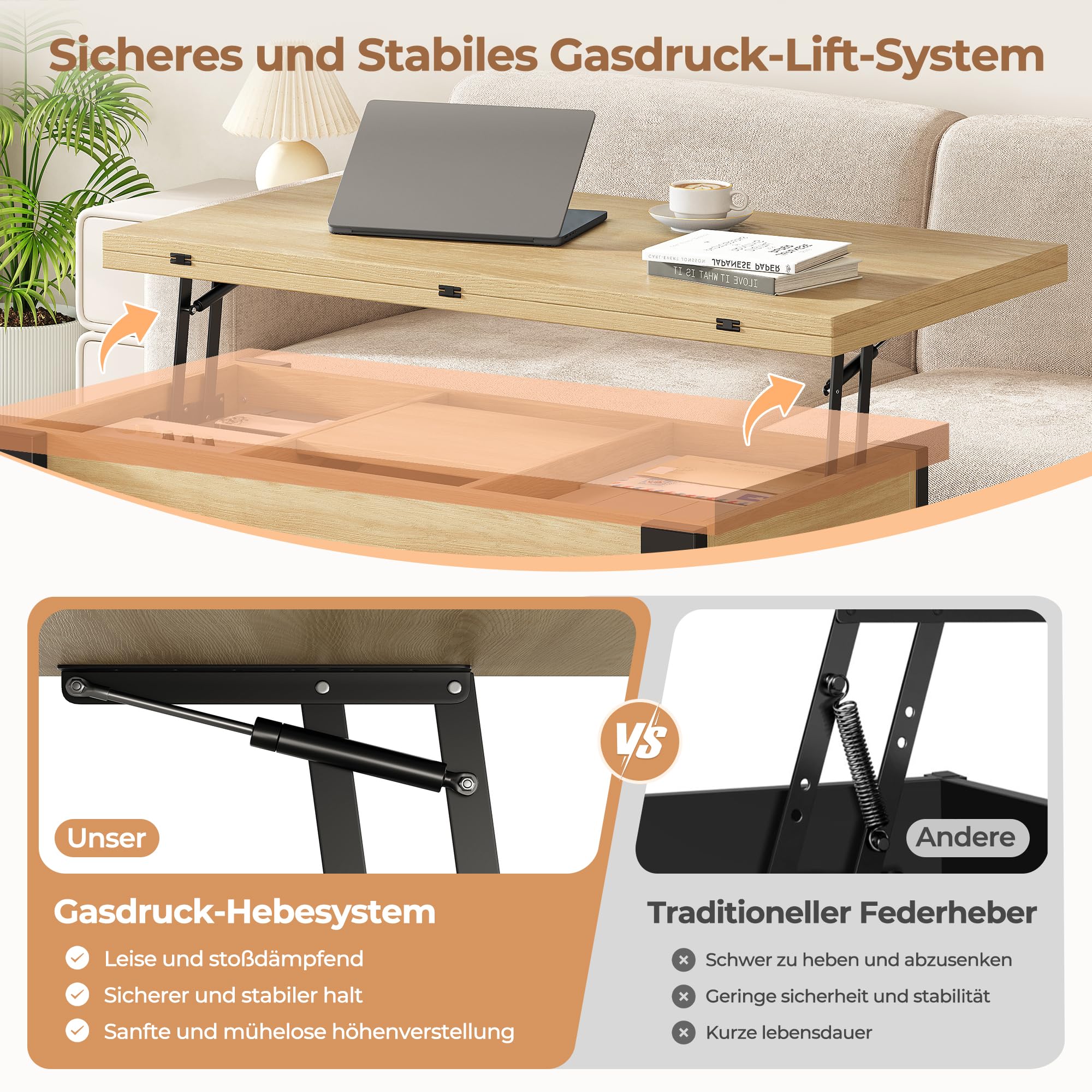 Couchtisch Höhenverstellbar und Ausziehbar, 4-in-1 Wohnzimmertisch Höhenverstellbar Holz, Rechteckiger Couchtisch Aufklappbar mit Stauraum, Wandelbar zum Esstisch, Eiche Natur