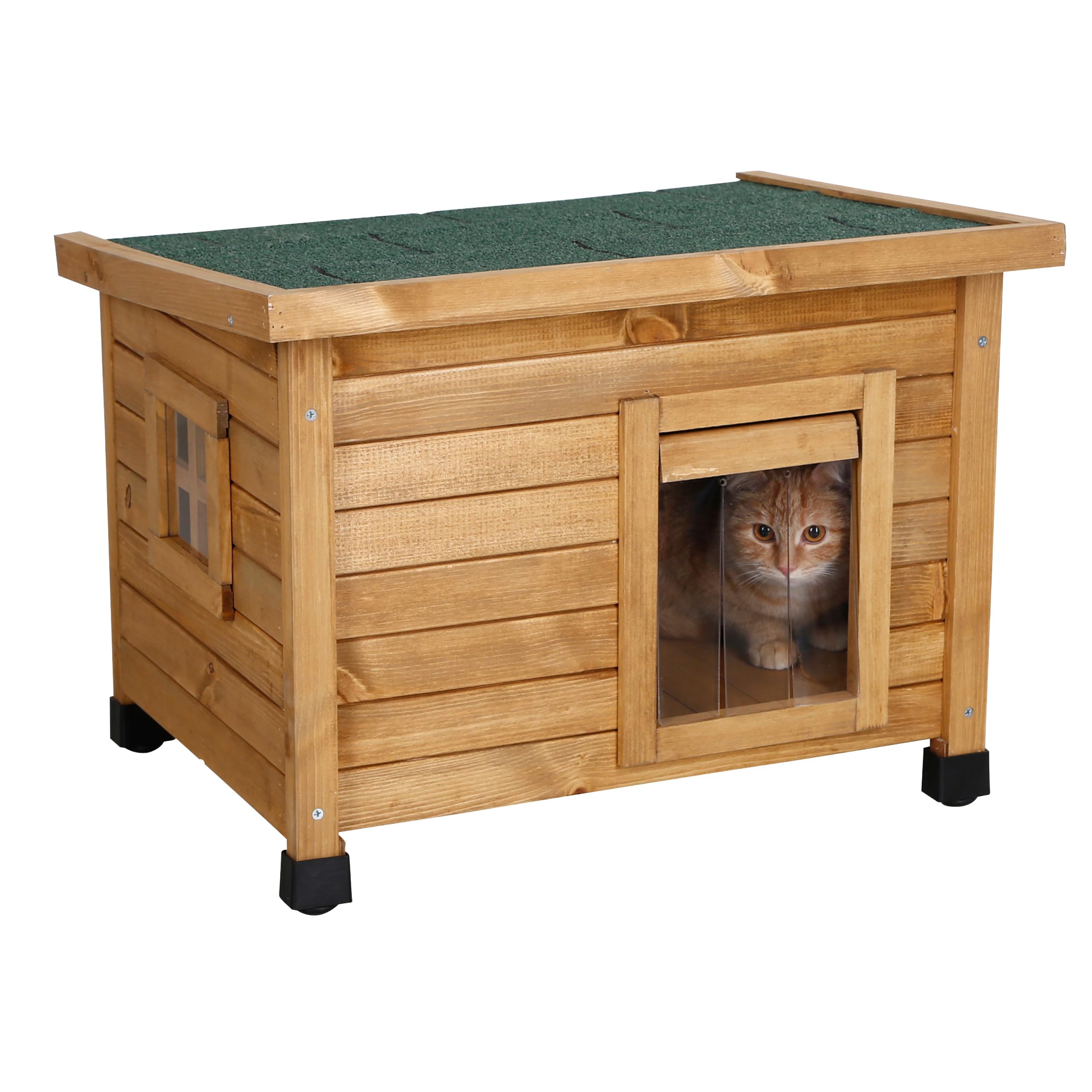 Kerbl Pet Katzenhaus Rustica, Braun/Grün, 57x45x43 cm, Holz, mit Schwingtüre, Plexiglasfenster, höhenverstellbare Kunststofffüße