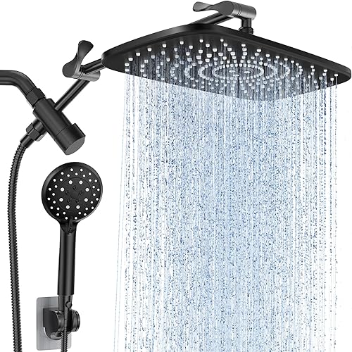 Veken 11.8'' Rain Black Shower Head with Handheld Spray Combo, Extension Arm for Rainfall showerhead, Muti-modes Massage High Pressure Hand Held Shower Heads with Hose, Anti-Clog Nozzles & Bathroom