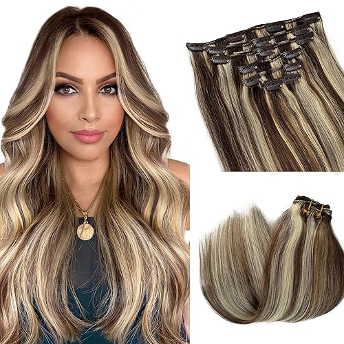 Miniatura 1 de Extensiones de cabello humano real con pinzas, color castaño medio y rubio decolorado, extensiones de cabello humano con clip, 18 pulgadas, cabeza
