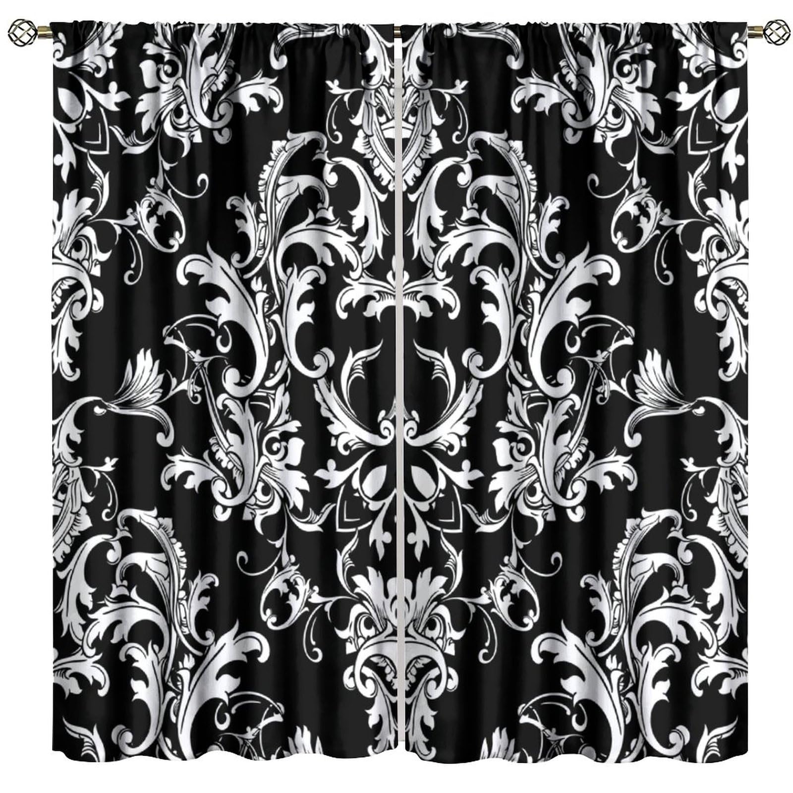 BenYaSong Damask Pattern Blackout Window Curtain Boho Baroque Style Curtain Black White for Home Kitchen Restaurant Decoration Window Curtain 2Panel