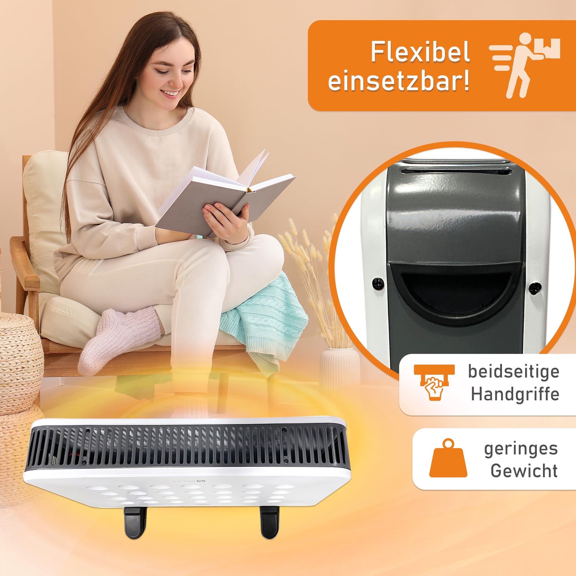 Lemodo Elektroheizung mobil, energiesparende elektrische Konvektor Heizung mit Thermostat, 2 Heizstufen 1250W / 2000W, leiser Heizkörper ohne Gas, Standgerät für Wohnung Büro Bad, Überhitzungsschutz