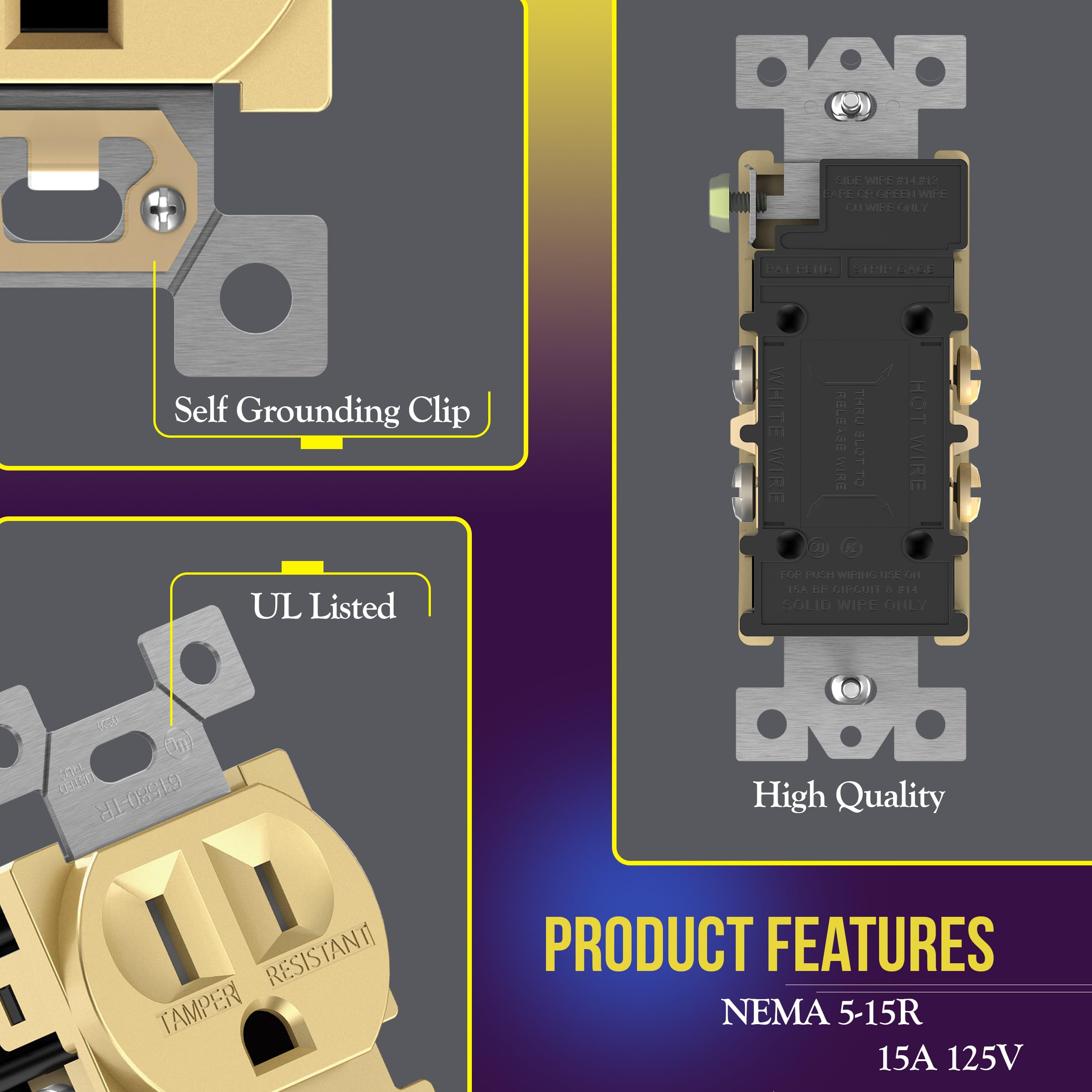 ENERLITES Elite Series Duplex Receptacle, Residential Grade Wall Outlet, Duplex Electrical Outlet, Self-Grounding, 3-Wire - Image 2