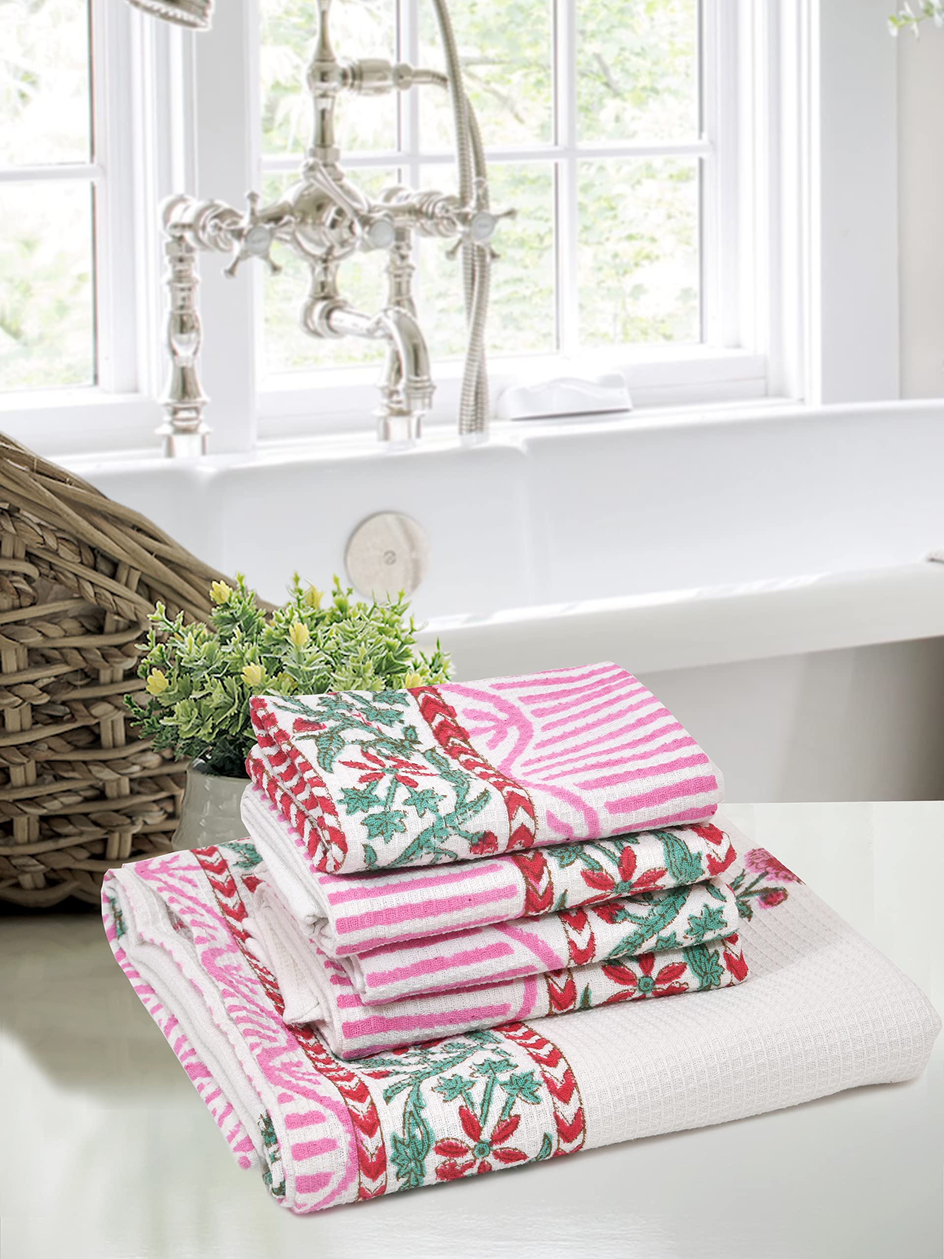 BLOCKS OF INDIA Cotton Hand Block Printed Soft Waffle Fabric Towel Set : 1 Bath Towel and 4 Hand Towel (Color 10) (B0BN4183PZ) Amazon Price History, Amazon Price Tracker