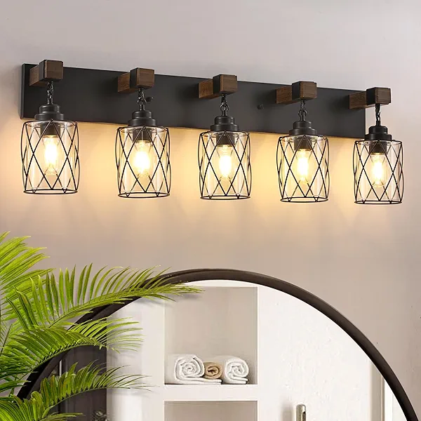 Farmhouse Bathroom Light Fixtures, 5 Light Bathroom Vanity Light with Metal and Glass Lampshade, Wood Rustic Lighting Fixtures Over Mirror, Black Wall Sconces for Living Room, Bedroom