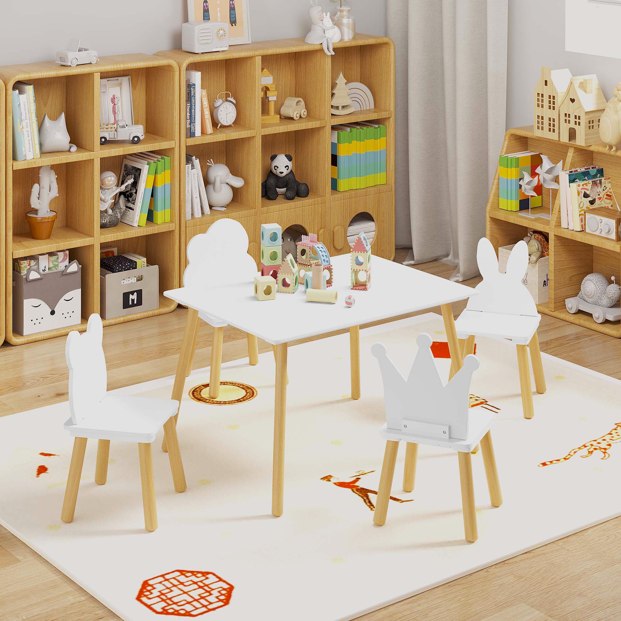 Table &amp; 4 Chairs Set is for Boys Girls, 5-Piece Wooden Kids Activity Table Set with Solid Wood Legs, Large Table &amp; Chair Set for Reading, Drawing, Crafts, Learning &amp; Dining, White