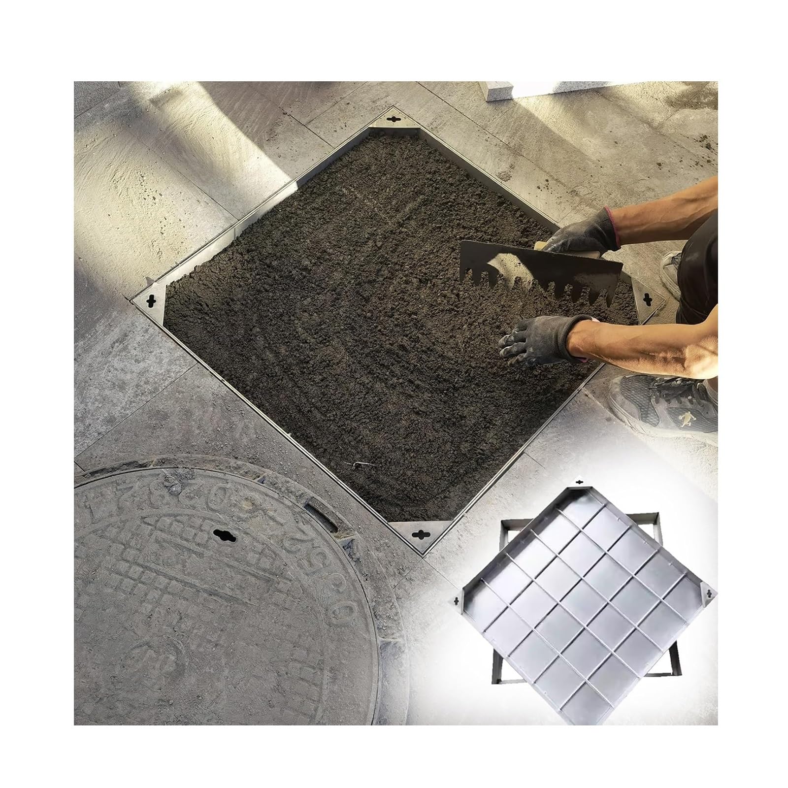 Coperchio invisibile quadrato per pozzetto di raccolta acque reflue, 30x30 cm, resistente, portata 2,6 tonnellate, ideale per giardini, terrazze, garage, facile manutenzione, design elegante.