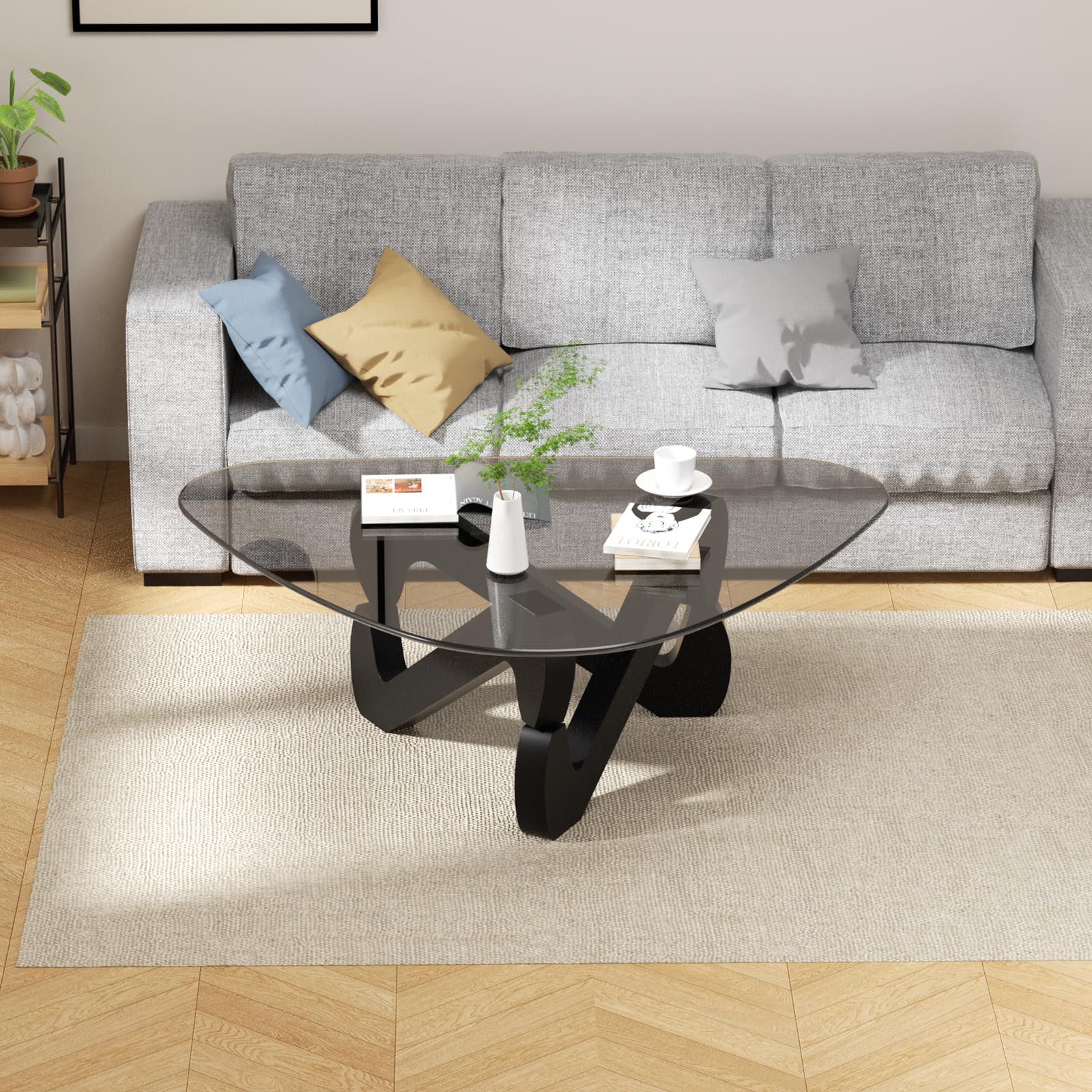 Mesa de centro de cristal triangular, mesa de centro moderna con base triangular de madera maciza y vidrio templado grueso, mesa auxiliar, mesa de café elegante para sala de estar oficina, 82 x 57 x