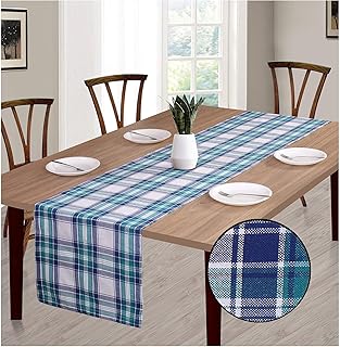 Ramanta Home Classic Check Plaid Table Runner 108 Inch in 100% Cotton with Mitered Corners & Generous Hem, for Everyday Use, Family Gatherings, Outdoor/Indoor, Machine Washable- 16x108 Teal Set of 2