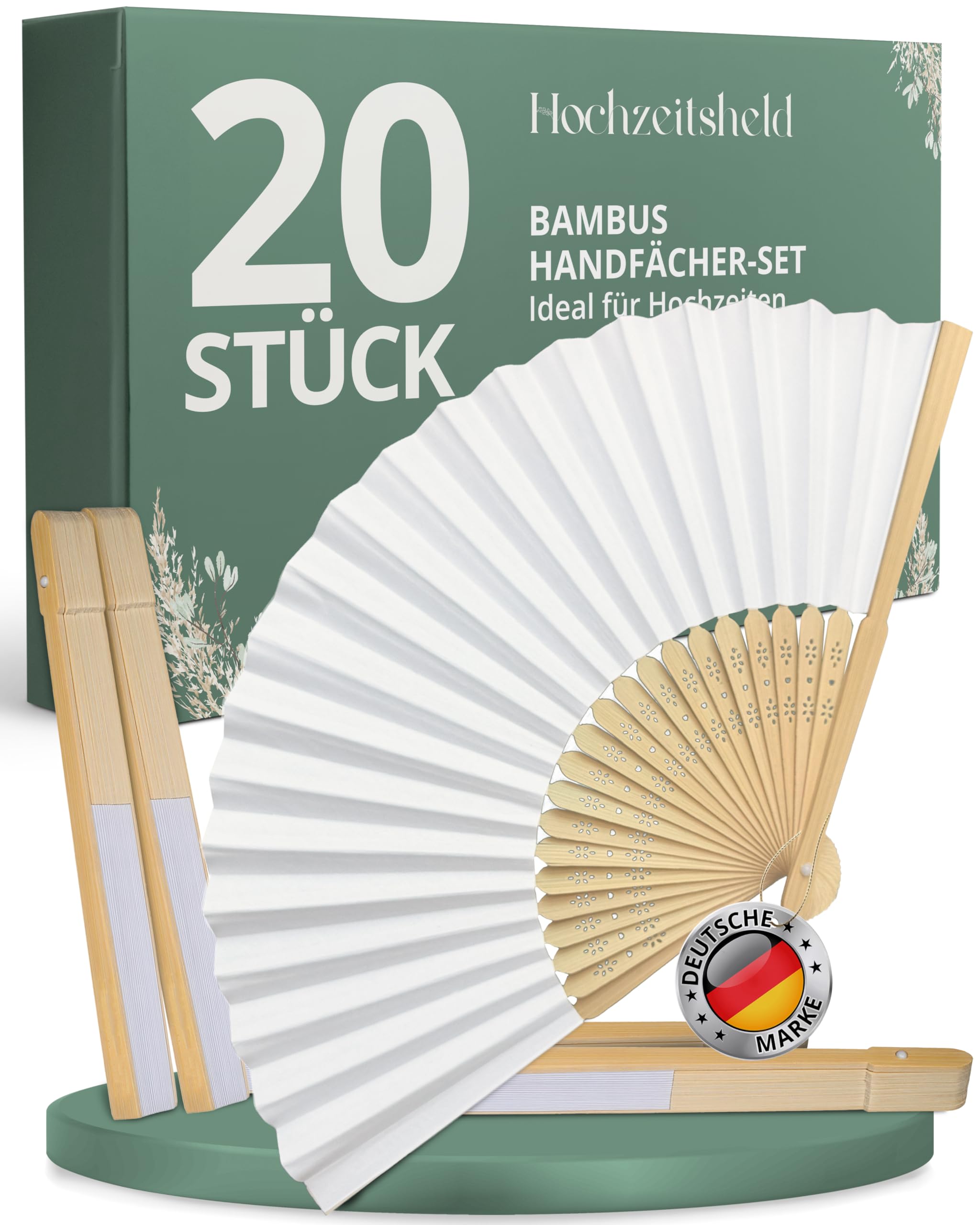 HOCHZEITSHELD Bambus Fächer Hochzeit 20 Stück - Elegante Handfächer als Hochzeitsdeko & Standesamt Deko