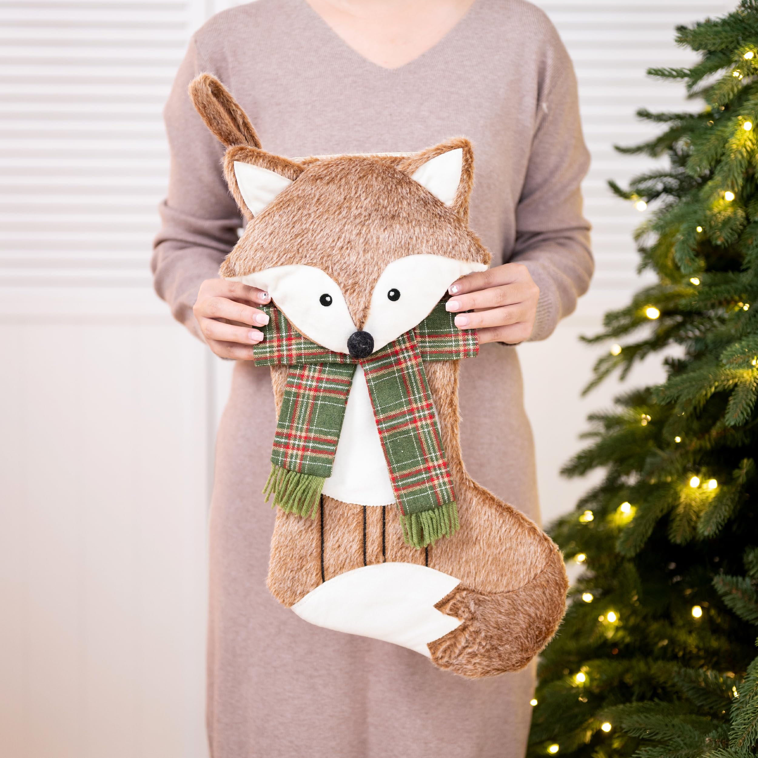 Valery Madelyn Chaussette de Noël en forme de renard de 53,3 cm, mignonne en peluche personnalisée à suspendre pour cheminée, animal domestique, décorations de Noël et cadeaux de Noël