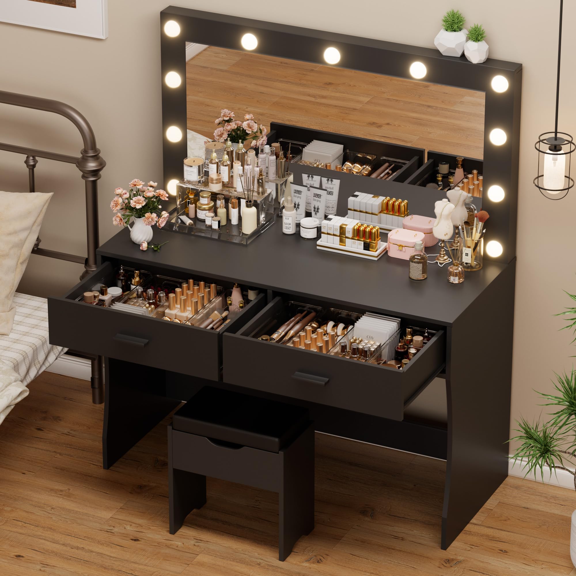 YESHOMY Vanity Desk with Mirror, Power Outlet and 10 Lights, Makeup Table with 2 Drawers, 3 Color Modes Available for Bedroom, Black