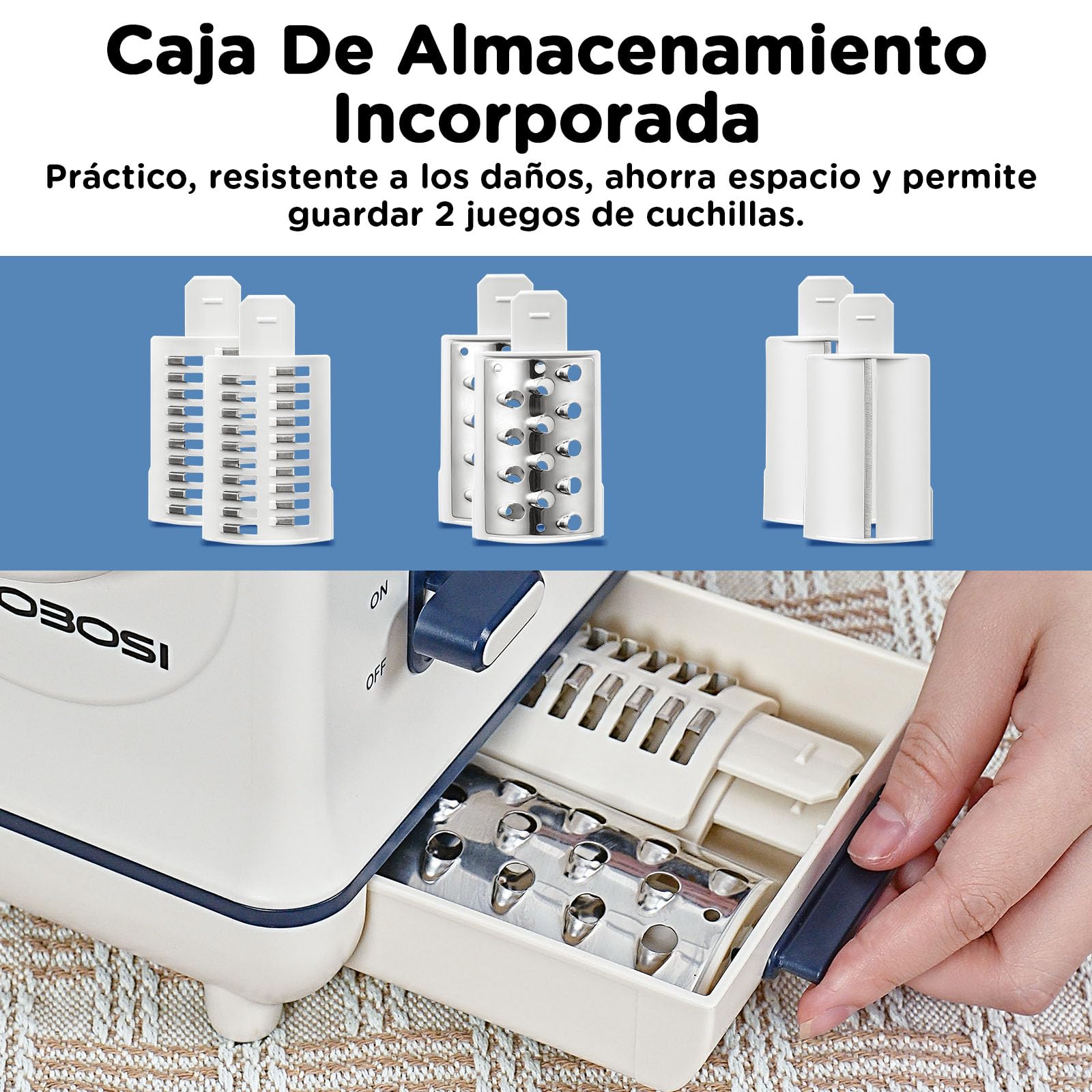Rallador electrico, Aobosi Cortador Verduras Electrico con Gran Tolva para Zanahorias Enteras,Patatas, 3 Cuchillas y Motor Silencioso, caja de almacenamiento-Actualizar