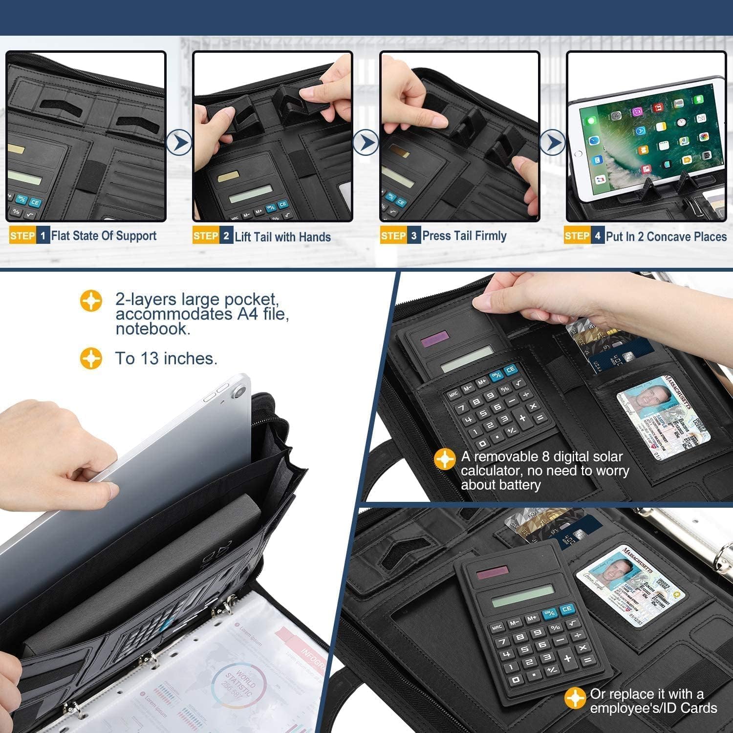 Cartella portadocumenti A4 in pelle con calcolatrice, raccoglitore ad anelli, manici magnetici pieghevoli, supporto tablet e smartphone