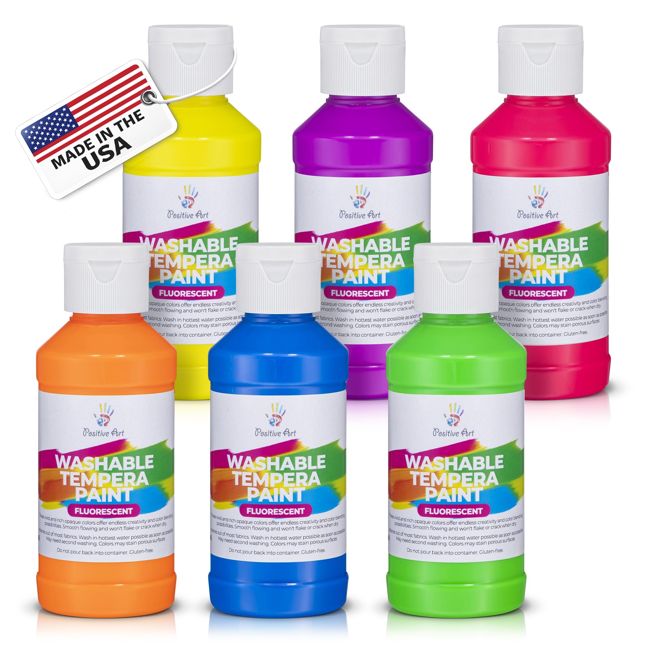 Neon Fluorescent Washable Tempera Paint – UV-Reactive Under Blacklight, 6 Bright Colors, 4 fl oz Bottles, Non-Toxic Kid-Safe Craft & Classroom Paint,
