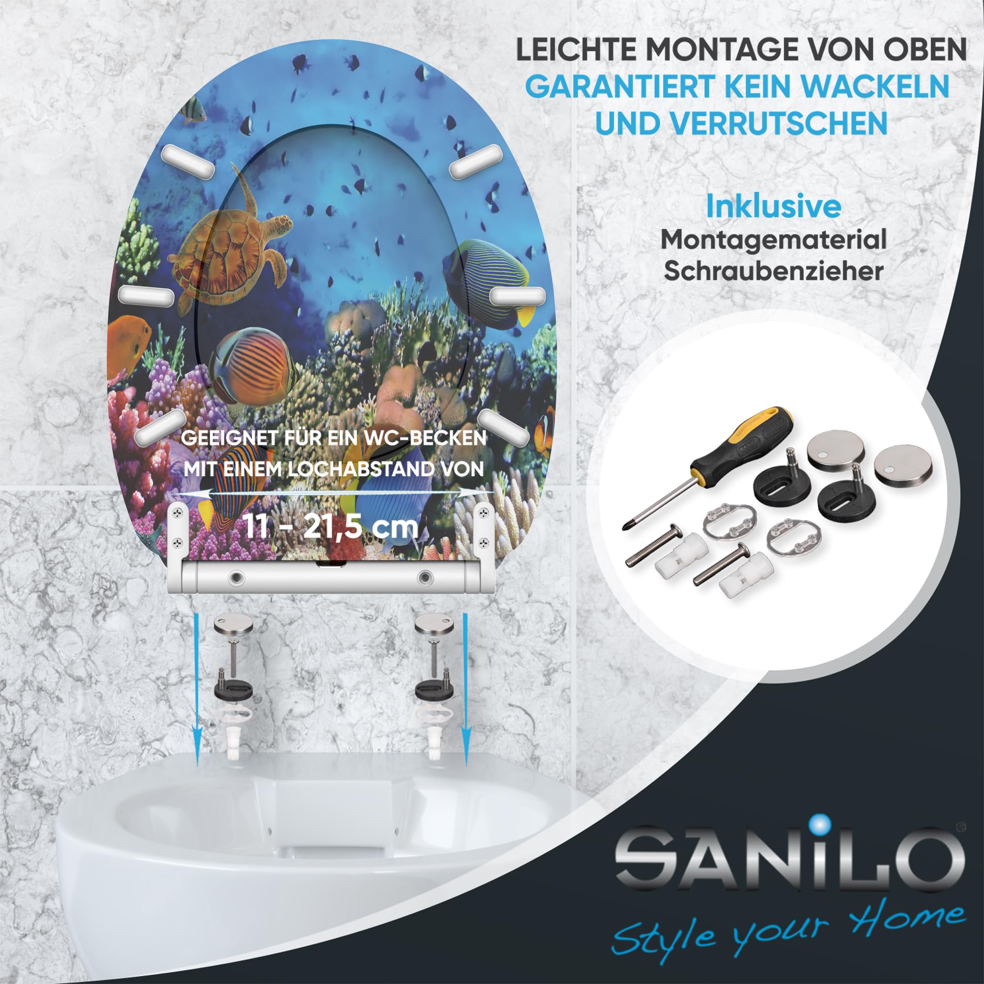 Sanilo WC Sitz mit Absenkautomatik & Schnellverschluss, Toilettendeckel per Knopfdruck abnehmbar, einfache Montage von oben (Ocean)