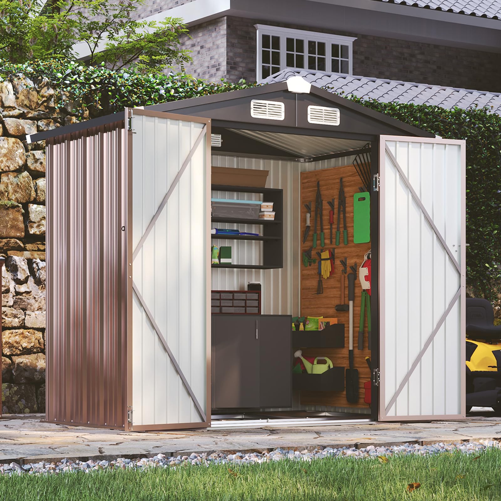 oneinmil 6x4 FT Outdoor Storage Shed with Base, Metal Tool Shed with Lockable Door, Metal Shed Garbage Can, Storage House for Backyard, Garden, Patio, Lawn, Brown